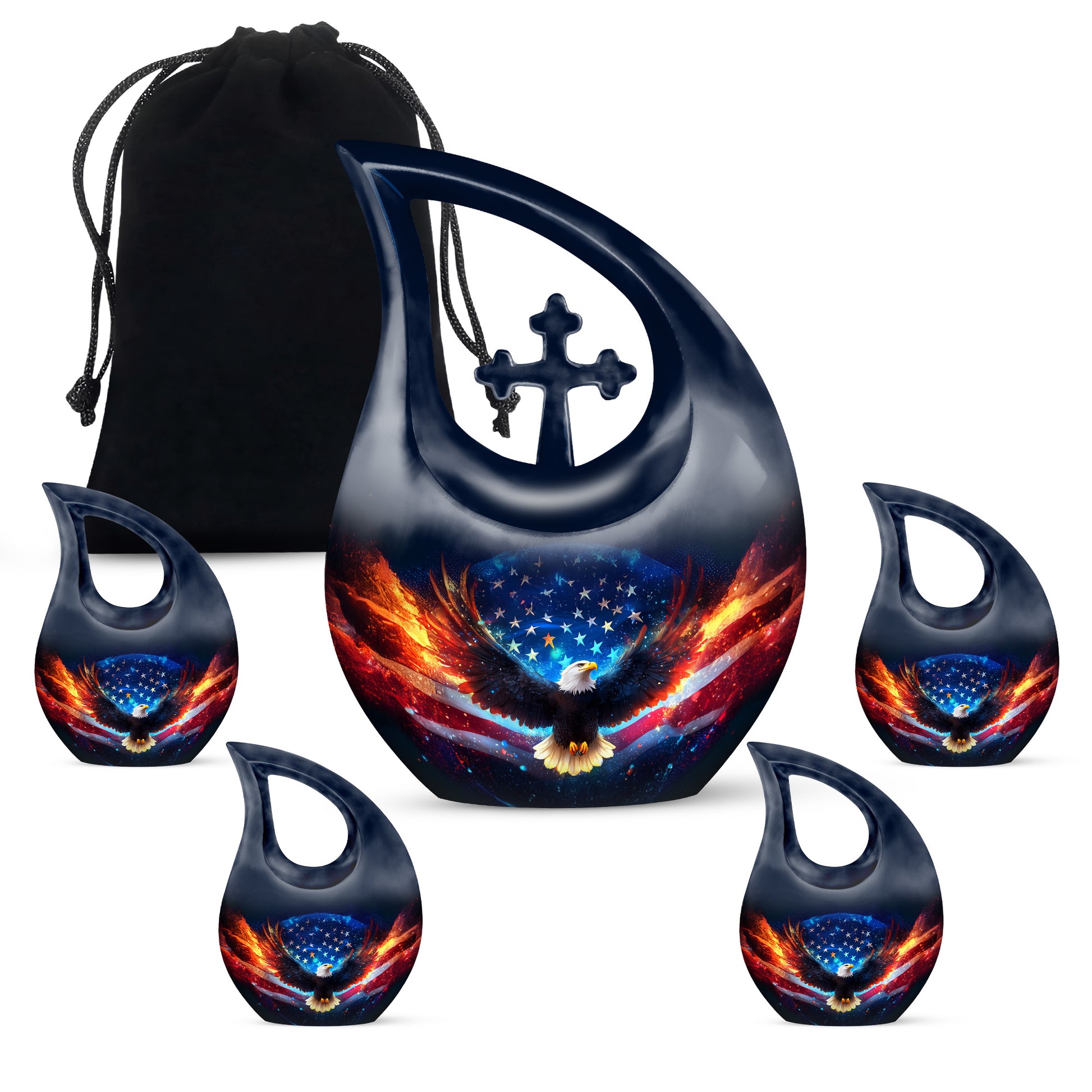 Charcoal Black Eagle Cremation Urn urn with complimentary velvet bag - devotional cross-drop eagle engraving - memorial set with one large and four small urns