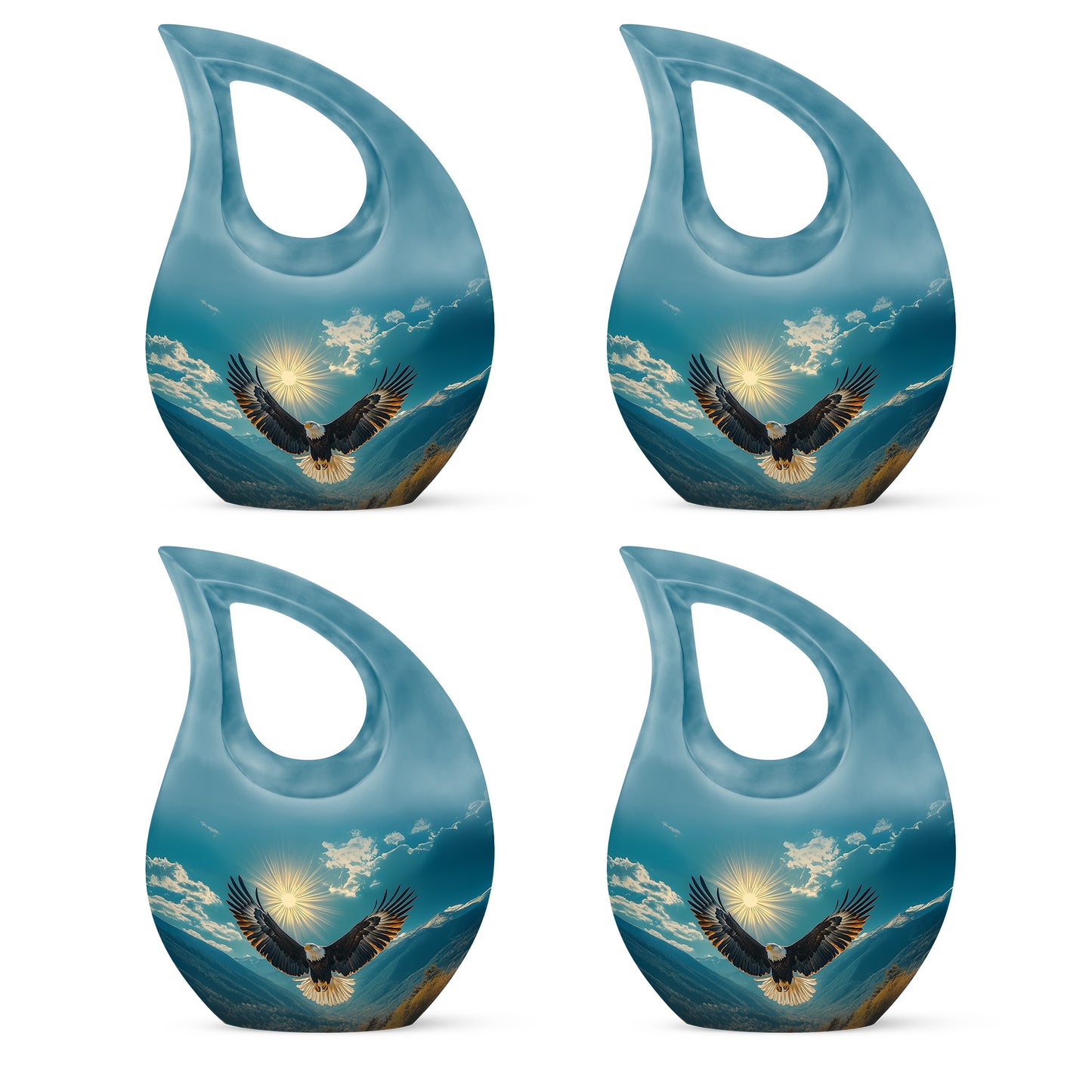 Soft Teal Eagle Cremation Urn lifestyle display on memorial shelf - sacred cross merged with eagle motif on metal - 10 inch aluminum urn for cremated remains