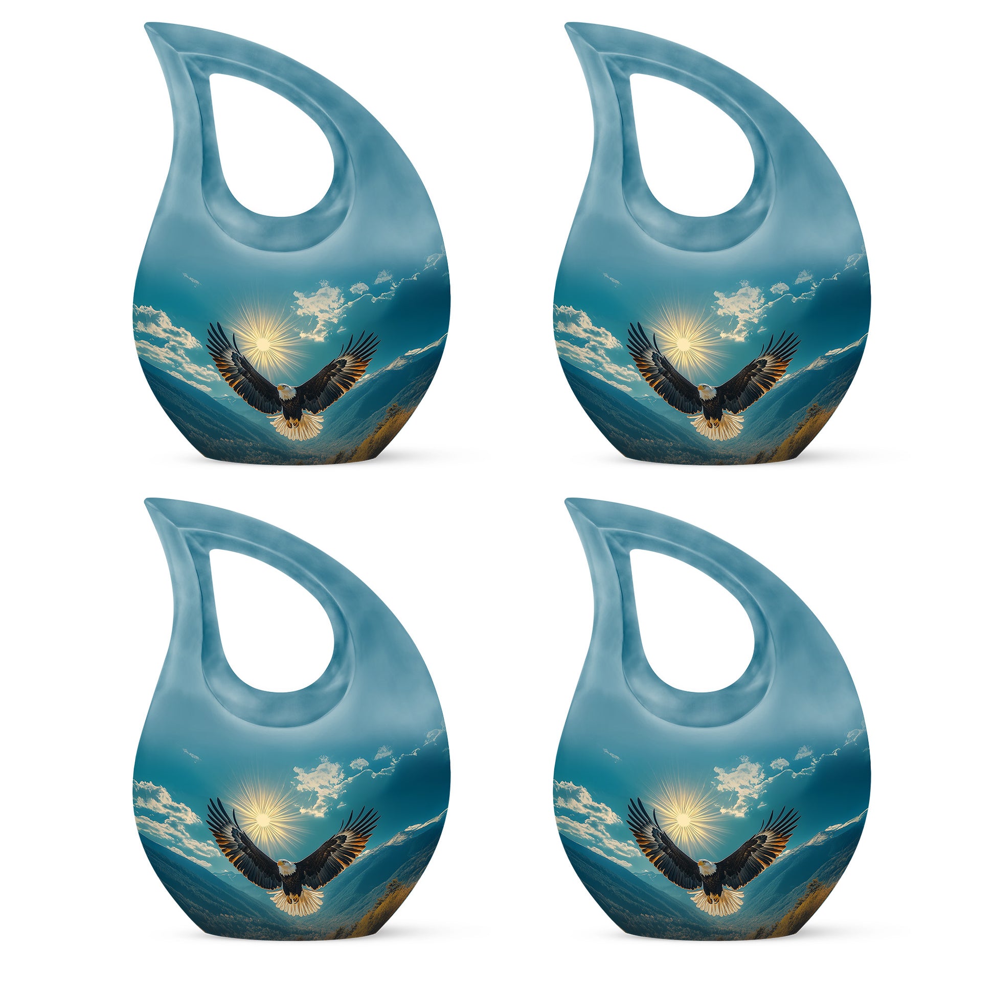 Soft Teal Eagle Cremation Urn lifestyle display on memorial shelf - sacred cross merged with eagle motif on metal - 10 inch aluminum urn for cremated remains