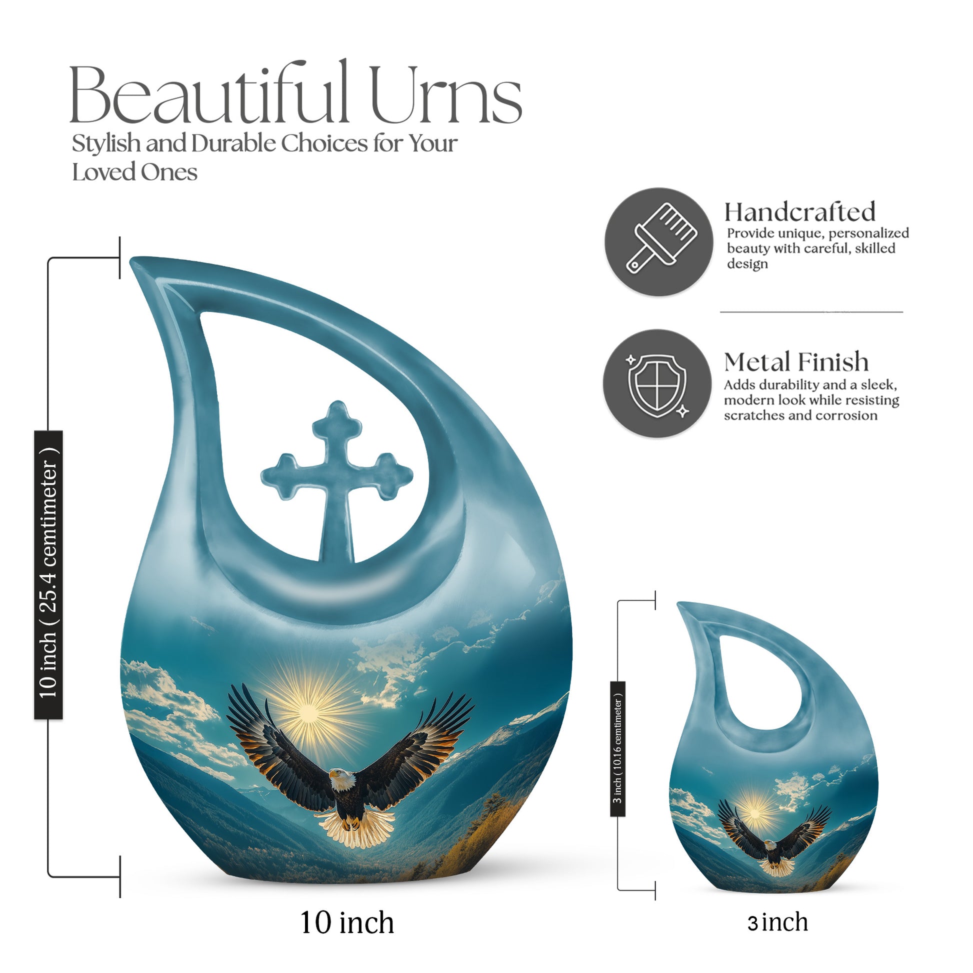 Mystic Teal Eagle Cremation Urn back view with polished surface - devotional cross-drop eagle engraving - mini keepsake memorial for portion of cremation ashes