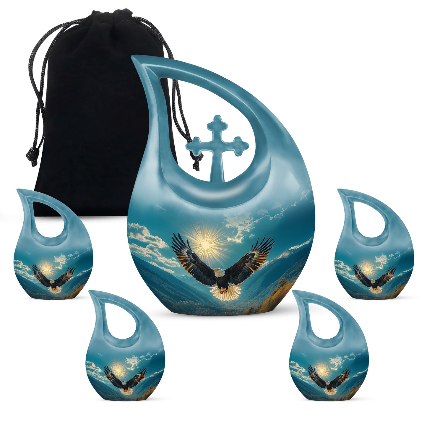 Deep Teal Eagle Cremation Urn urn with complimentary velvet bag - devotional cross-drop eagle engraving - memorial set with one large and four small urns