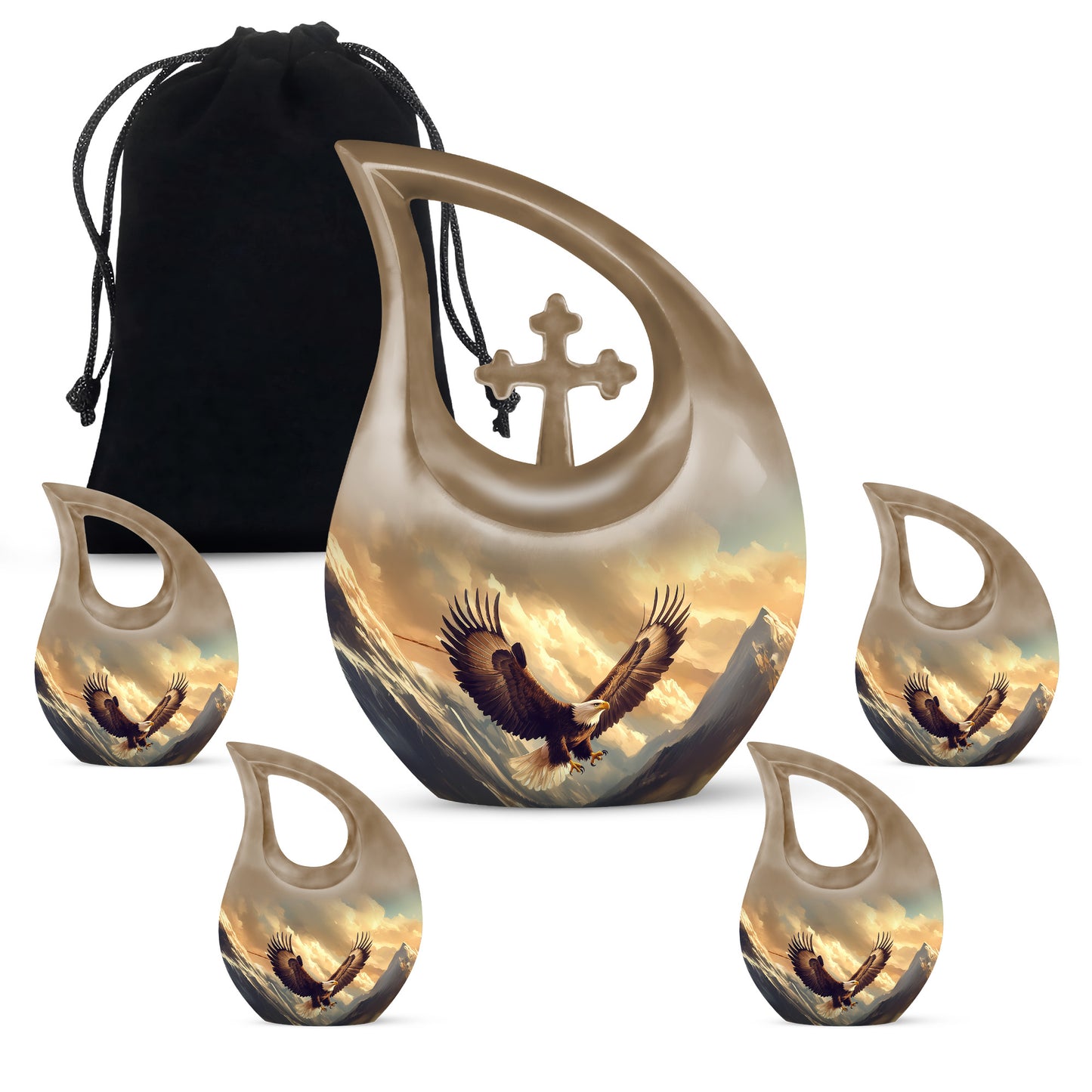 Misty Blue Eagle Cremation Urn urn with complimentary velvet bag - cross and eagle combined in spiritual memorial design - memorial set with one large and four small urns