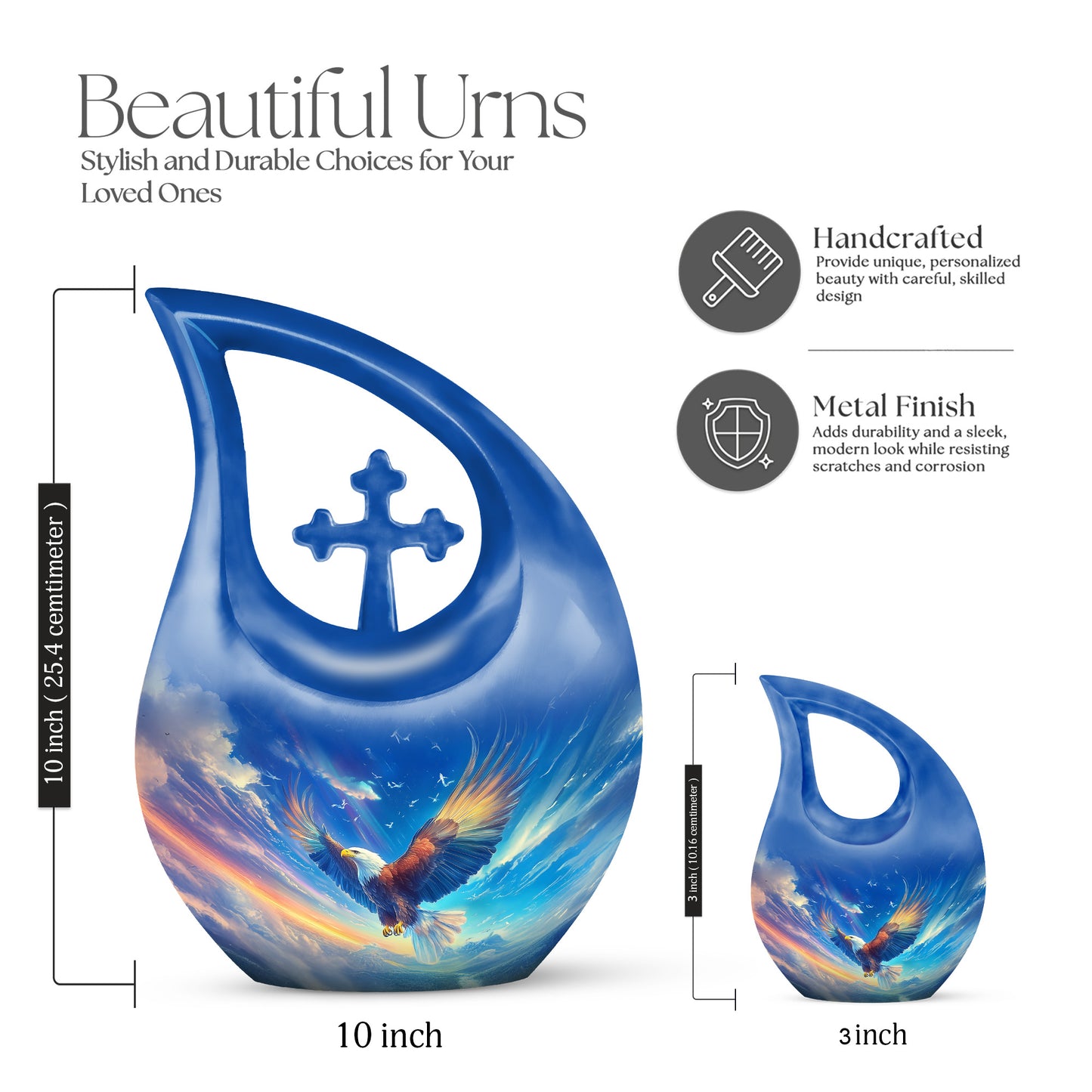 Twilight Blue Eagle Cremation Urn back view with polished surface - devotional cross-drop eagle engraving - mini keepsake memorial for portion of cremation ashes