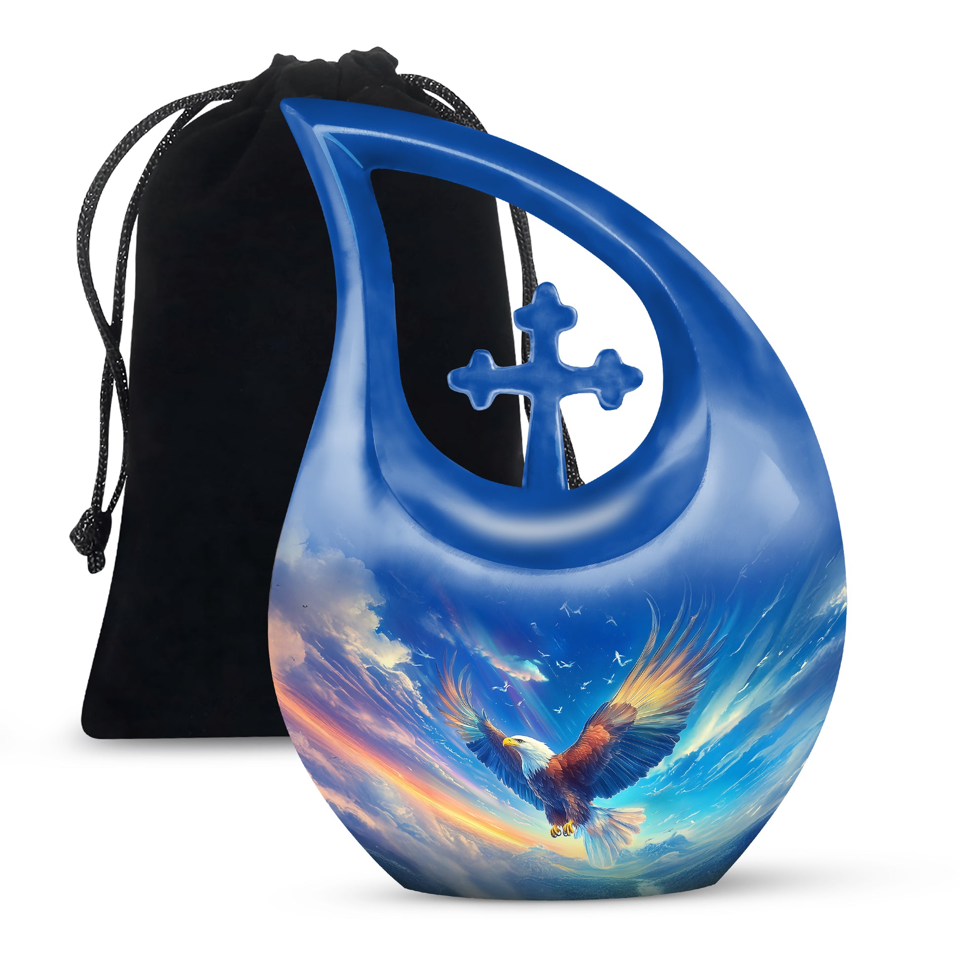 Azure Eagle Cremation Urn top-down view of secure threaded lid - cross and eagle combined in spiritual memorial design - full-size 10 inch 200 cubic inch adult cremation urn