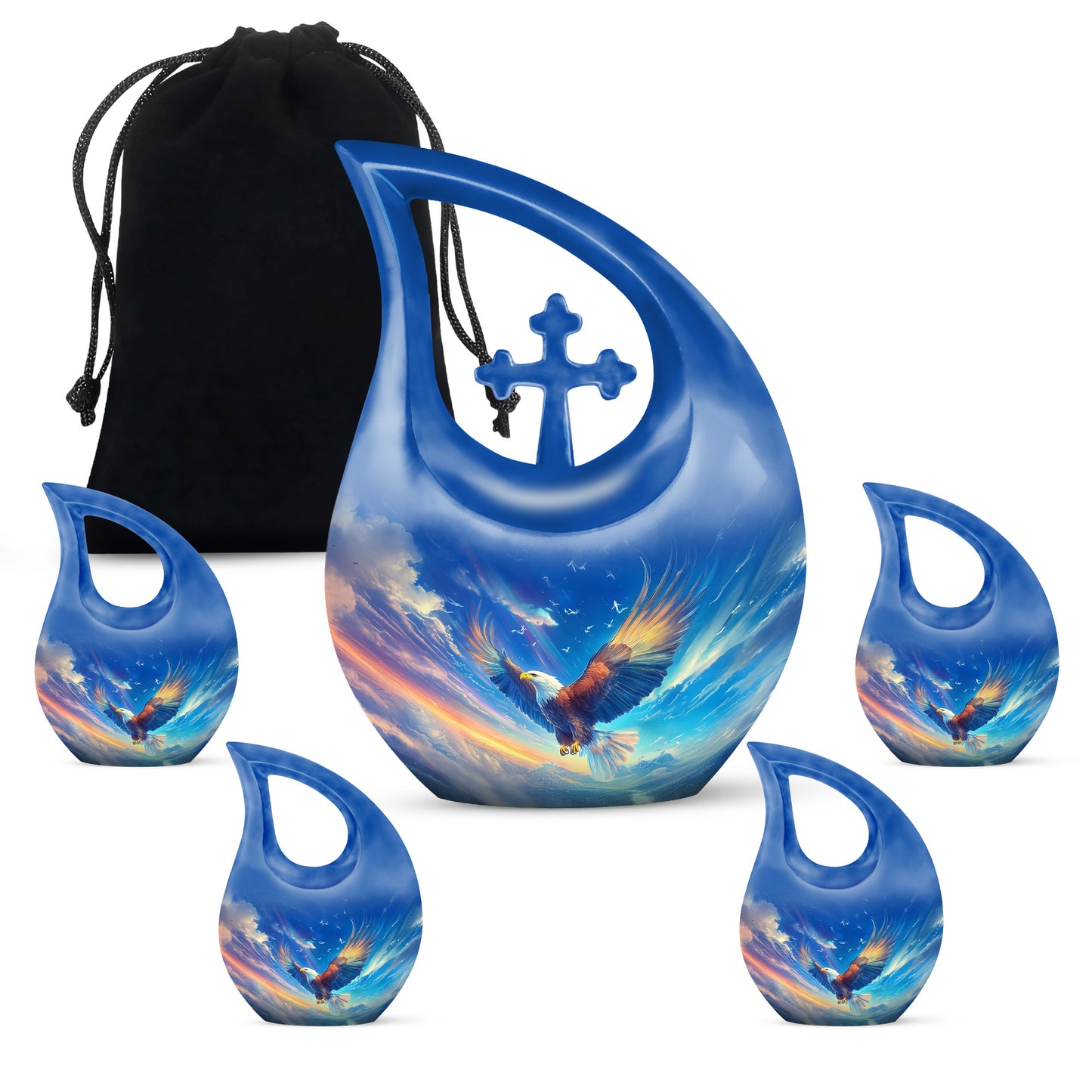 Sky Blue Eagle Cremation Urn urn with complimentary velvet bag - cross and eagle combined in spiritual memorial design - memorial set with one large and four small urns