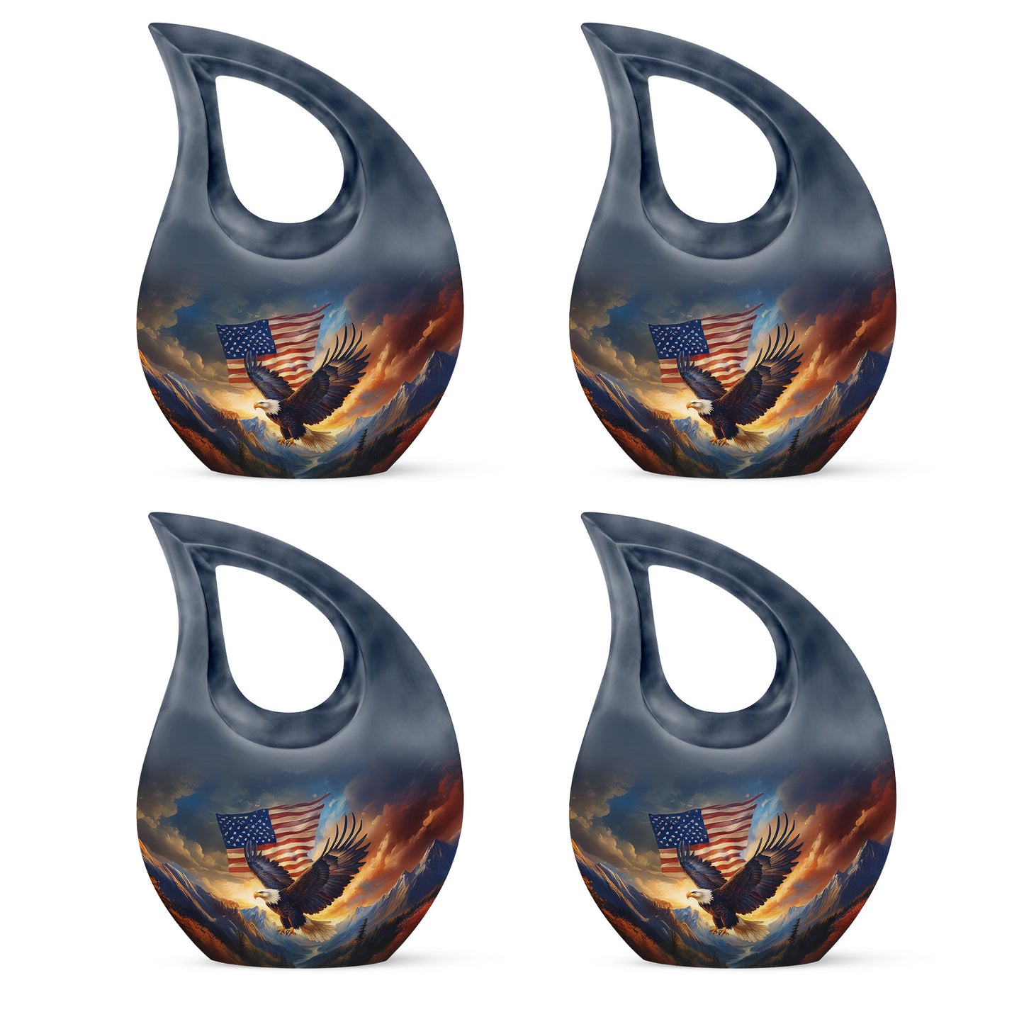 Twilight Blue Eagle Cremation Urn lifestyle display on memorial shelf - faith-inspired cross-drop urn with eagle pattern - 10 inch aluminum urn for cremated remains