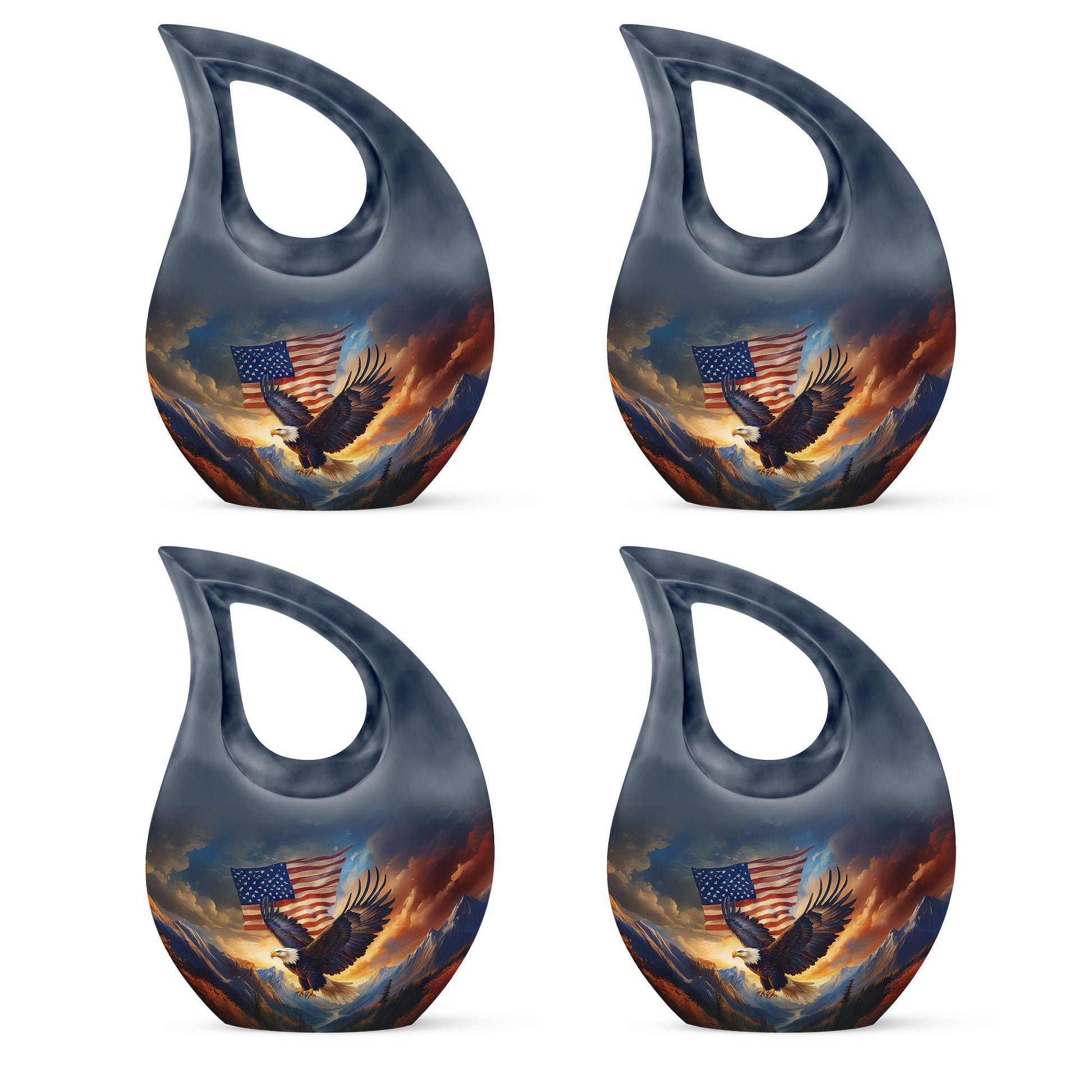 Twilight Blue Eagle Cremation Urn lifestyle display on memorial shelf - faith-inspired cross-drop urn with eagle pattern - 10 inch aluminum urn for cremated remains