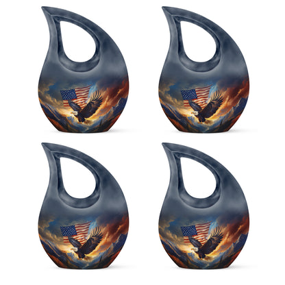 Twilight Blue Eagle Cremation Urn lifestyle display on memorial shelf - faith-inspired cross-drop urn with eagle pattern - 10 inch aluminum urn for cremated remains