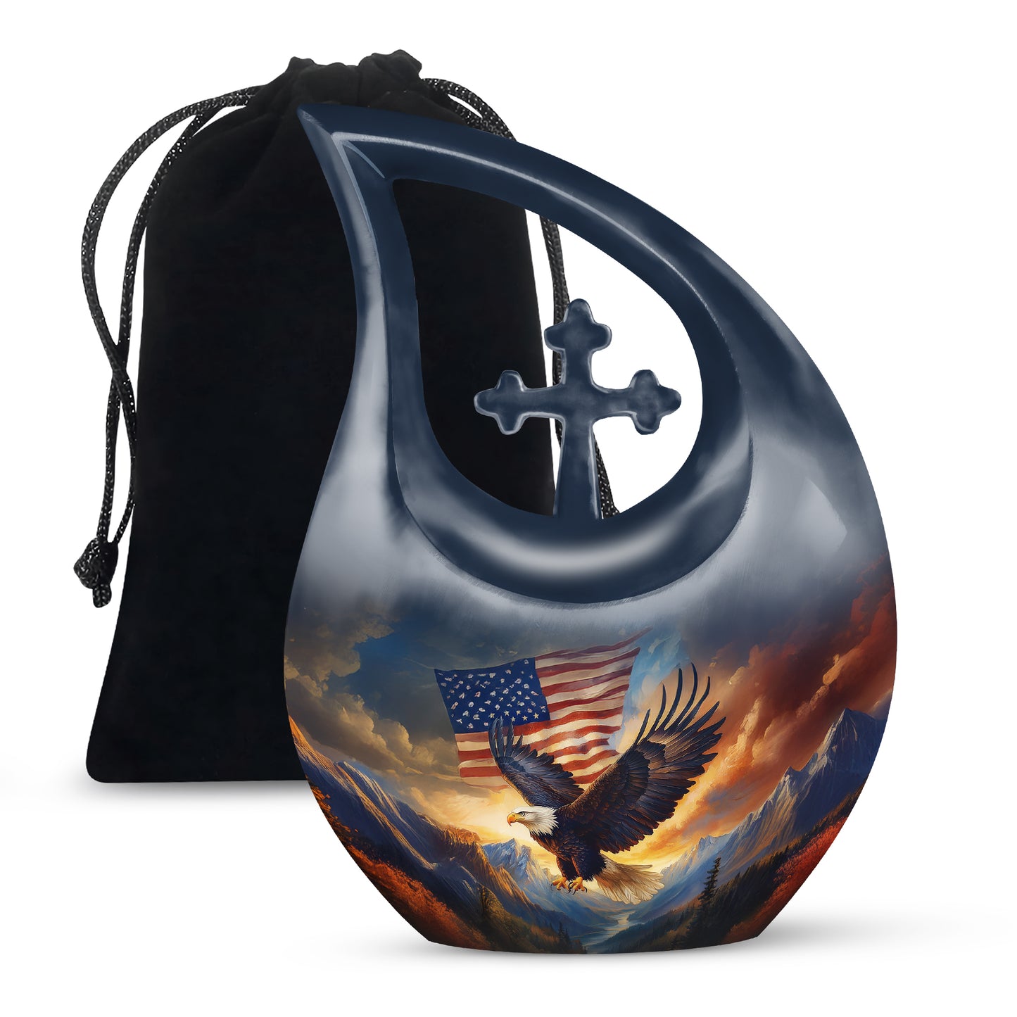 Pastel Blue Eagle Cremation Urn top-down view of secure threaded lid - sacred cross merged with eagle motif on metal - full-size 10 inch 200 cubic inch adult cremation urn