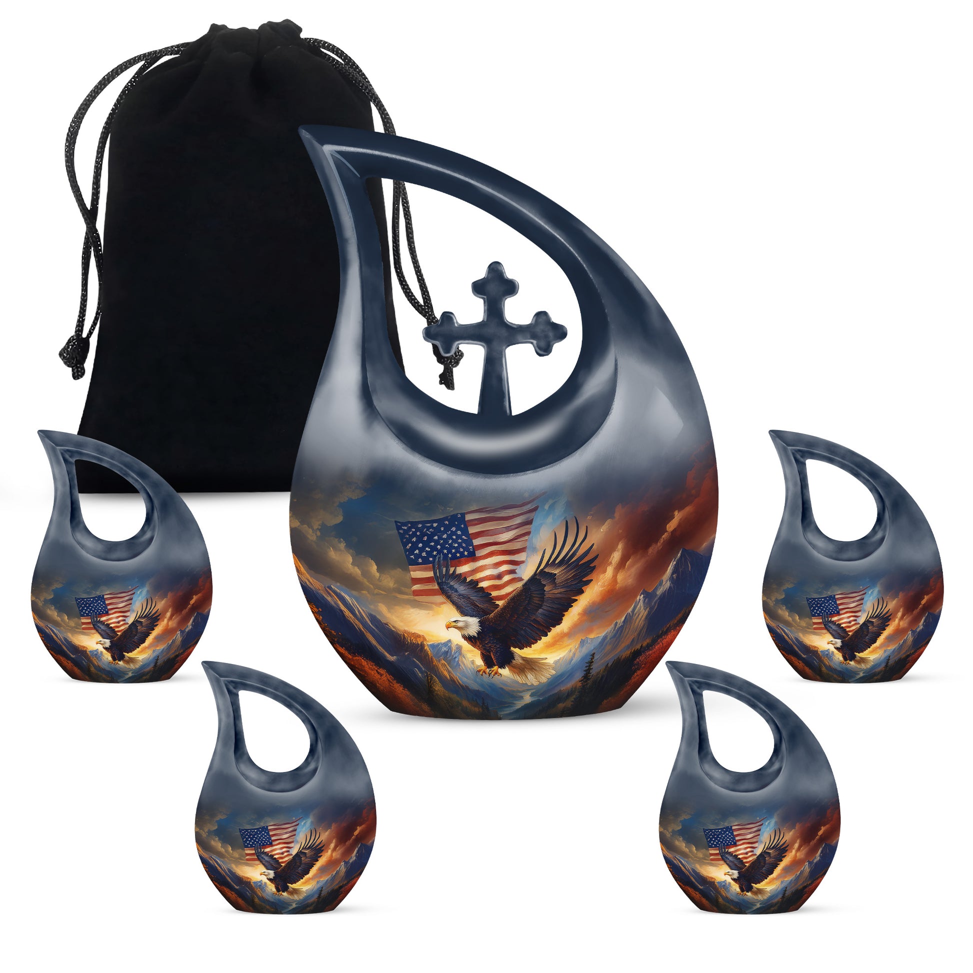 Indigo Eagle Cremation Urn urn with complimentary velvet bag - cross and eagle combined in spiritual memorial design - memorial set with one large and four small urns