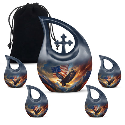 Indigo Eagle Cremation Urn urn with complimentary velvet bag - cross and eagle combined in spiritual memorial design - memorial set with one large and four small urns
