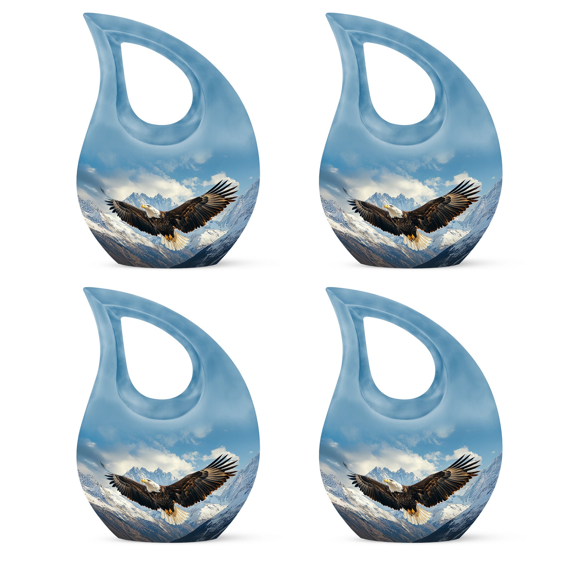 Icy Blue Eagle Cremation Urn lifestyle display on memorial shelf - cross and eagle combined in spiritual memorial design - 10 inch aluminum urn for cremated remains