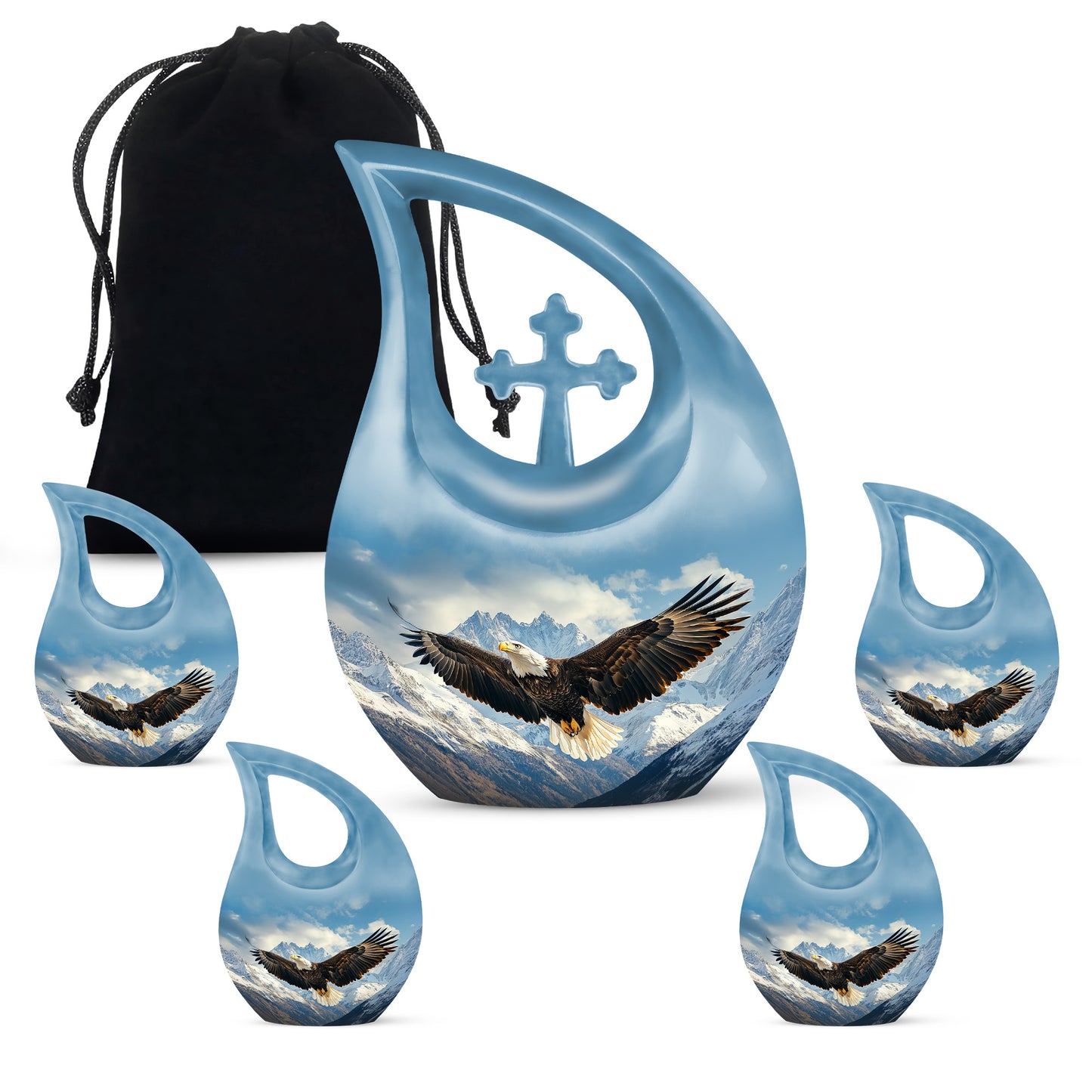 Serene Blue Eagle Cremation Urn urn with complimentary velvet bag - devotional cross-drop eagle engraving - memorial set with one large and four small urns