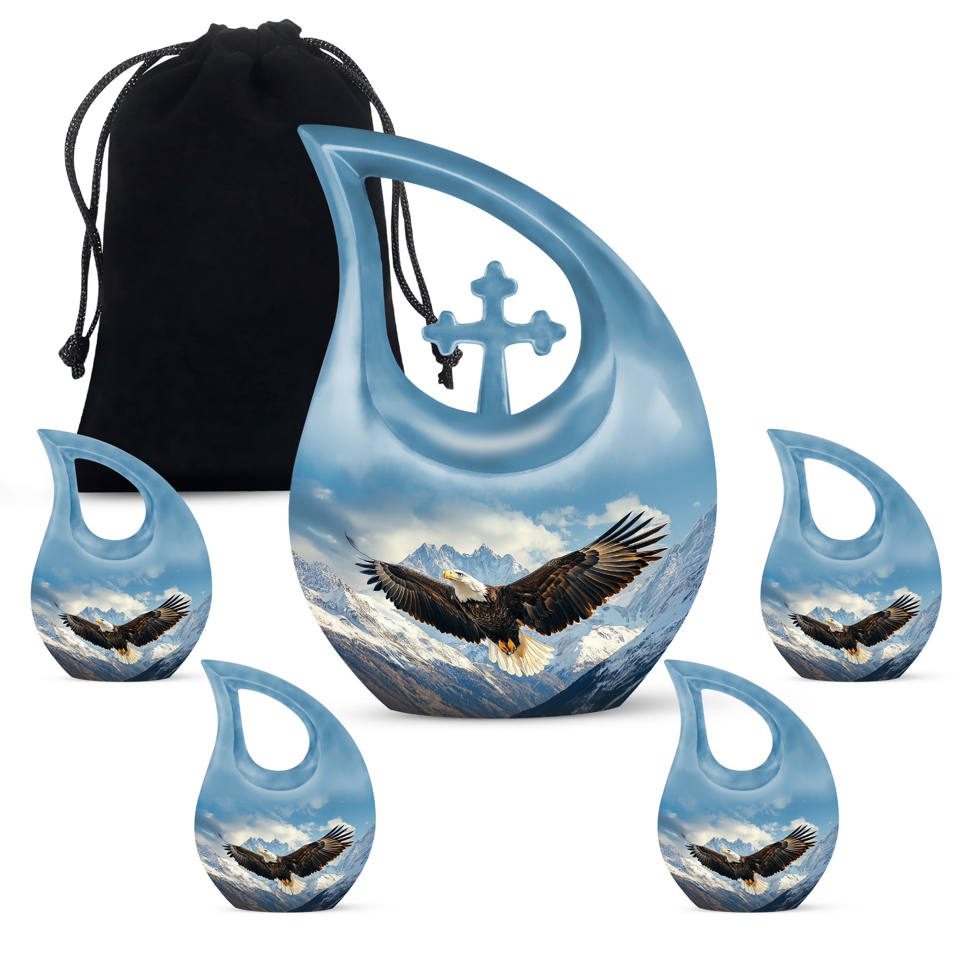 Serene Blue Eagle Cremation Urn urn with complimentary velvet bag - devotional cross-drop eagle engraving - memorial set with one large and four small urns