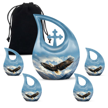 Serene Blue Eagle Cremation Urn urn with complimentary velvet bag - devotional cross-drop eagle engraving - memorial set with one large and four small urns