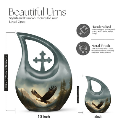 Charcoal Black Eagle Cremation Urn back view with polished surface - devotional cross-drop eagle engraving - mini keepsake memorial for portion of cremation ashes
