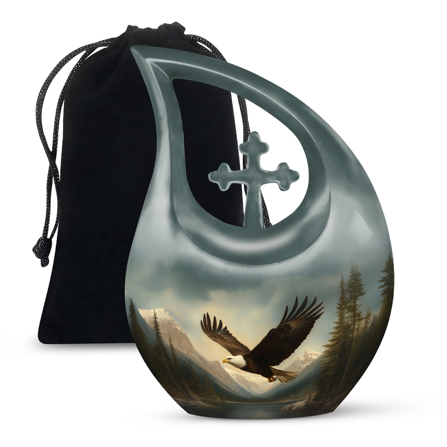Obsidian Black Eagle Cremation Urn top-down view of secure threaded lid - devotional cross-drop eagle engraving - full-size 10 inch 200 cubic inch adult cremation urn