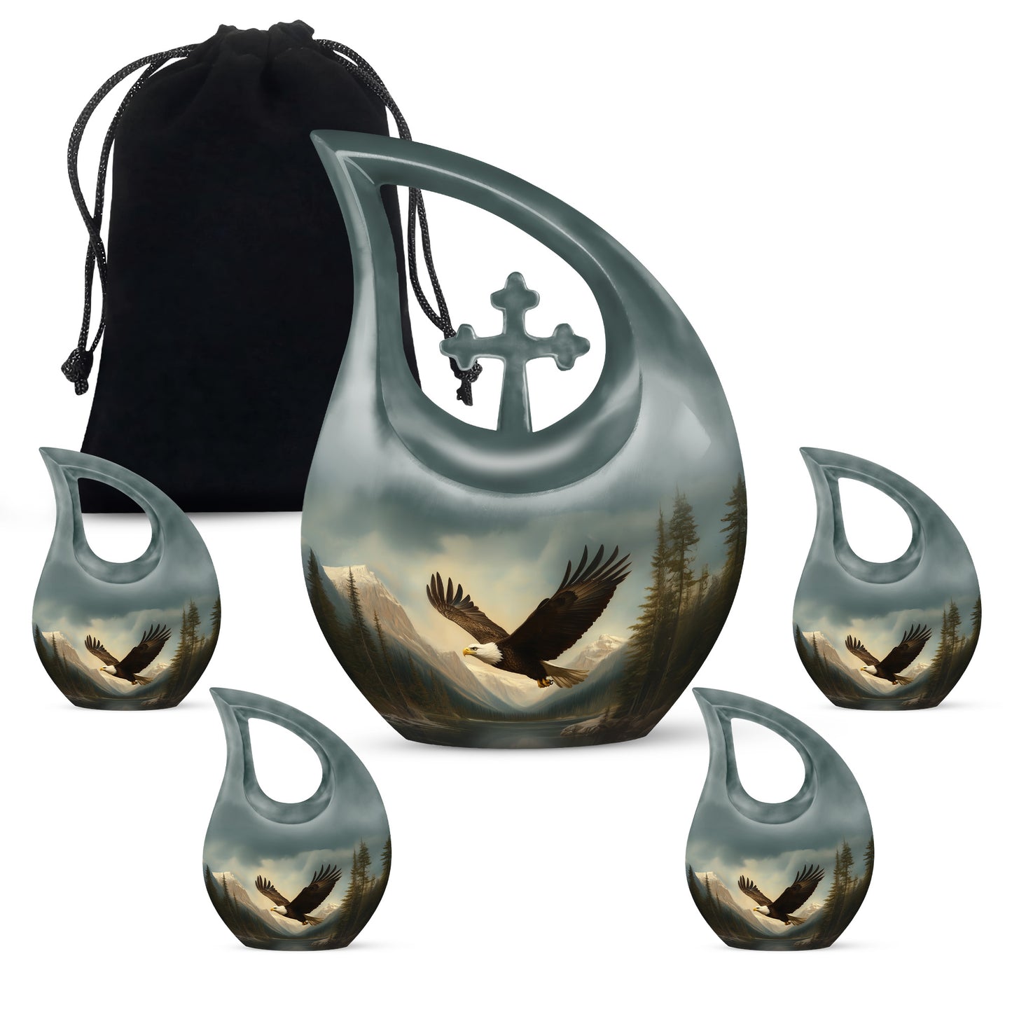 Charcoal Black Eagle Cremation Urn urn with complimentary velvet bag - devotional cross-drop eagle engraving - memorial set with one large and four small urns