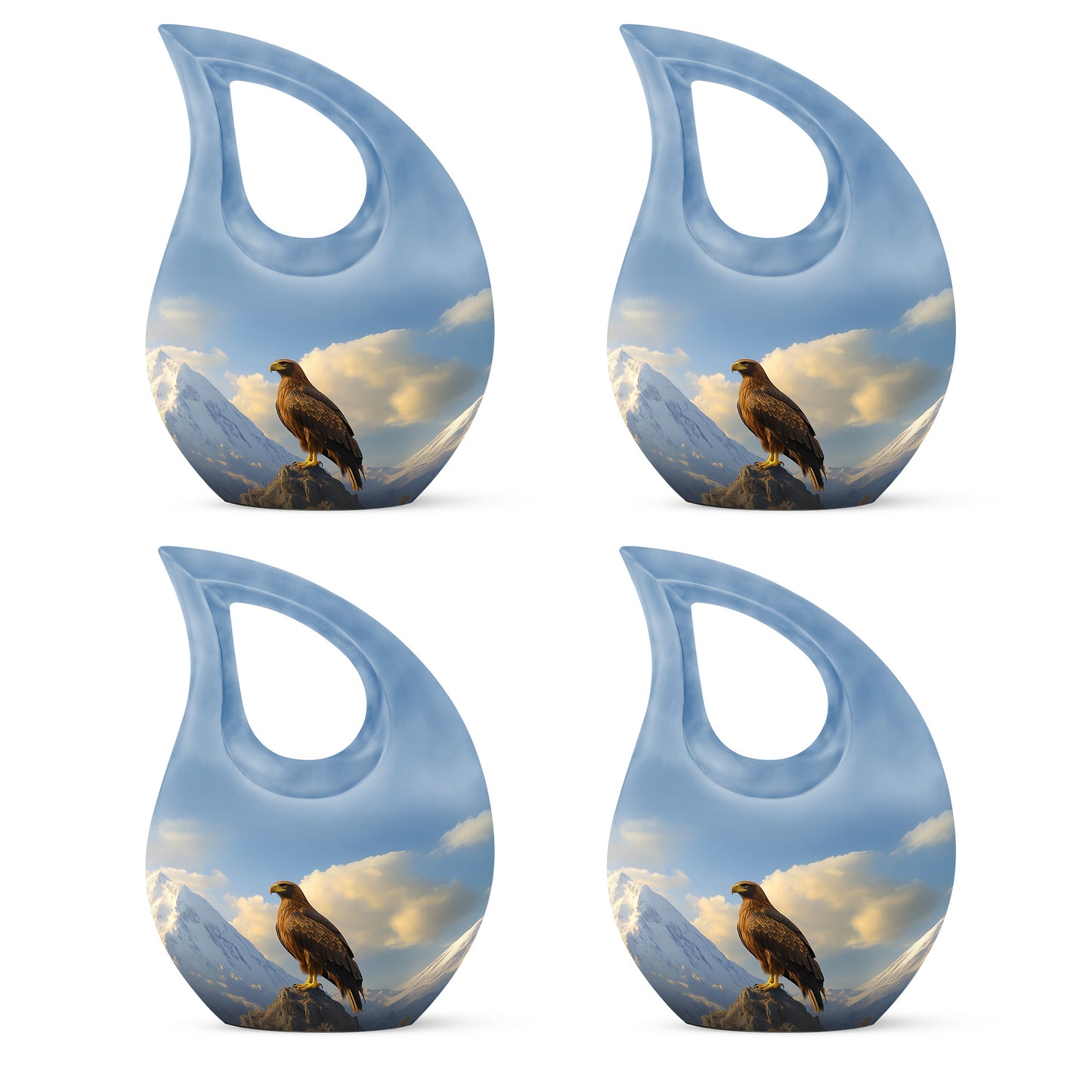Pastel Blue Eagle Cremation Urn lifestyle display on memorial shelf - sacred cross merged with eagle motif on metal - 10 inch aluminum urn for cremated remains