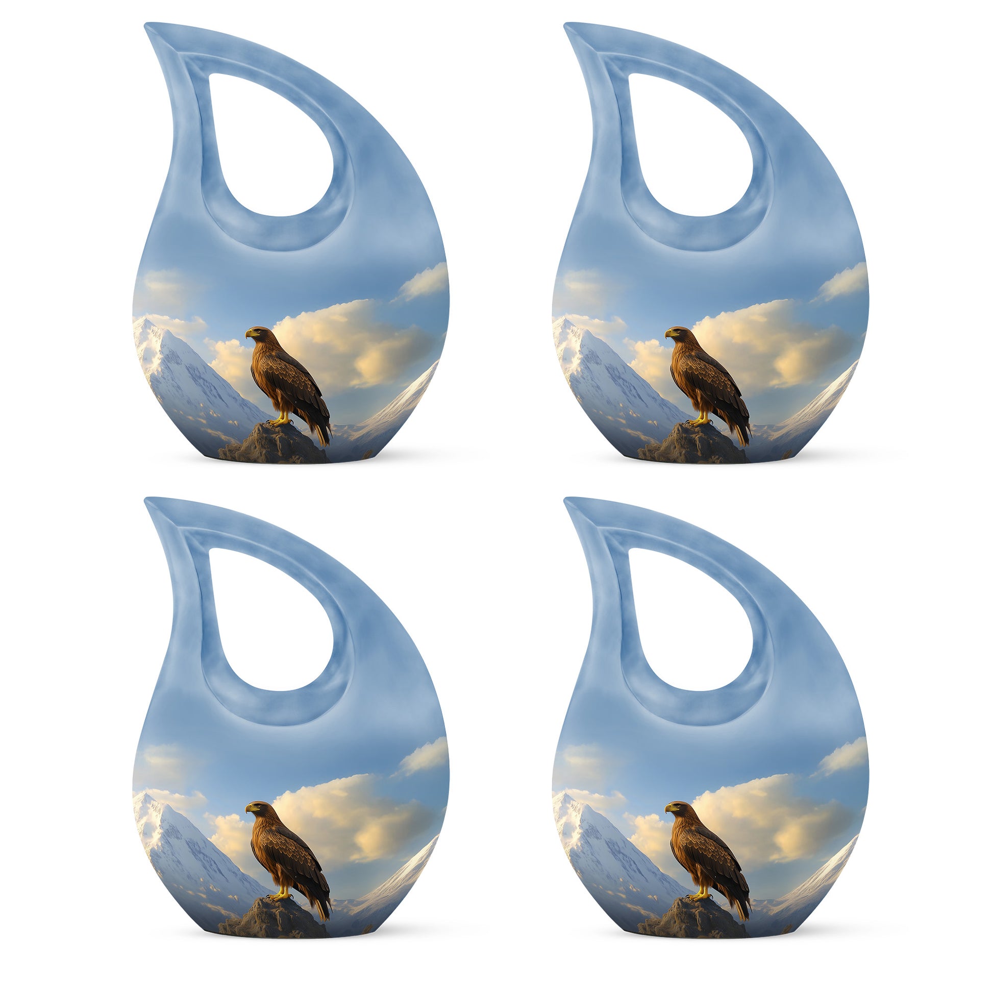 Pastel Blue Eagle Cremation Urn lifestyle display on memorial shelf - sacred cross merged with eagle motif on metal - 10 inch aluminum urn for cremated remains