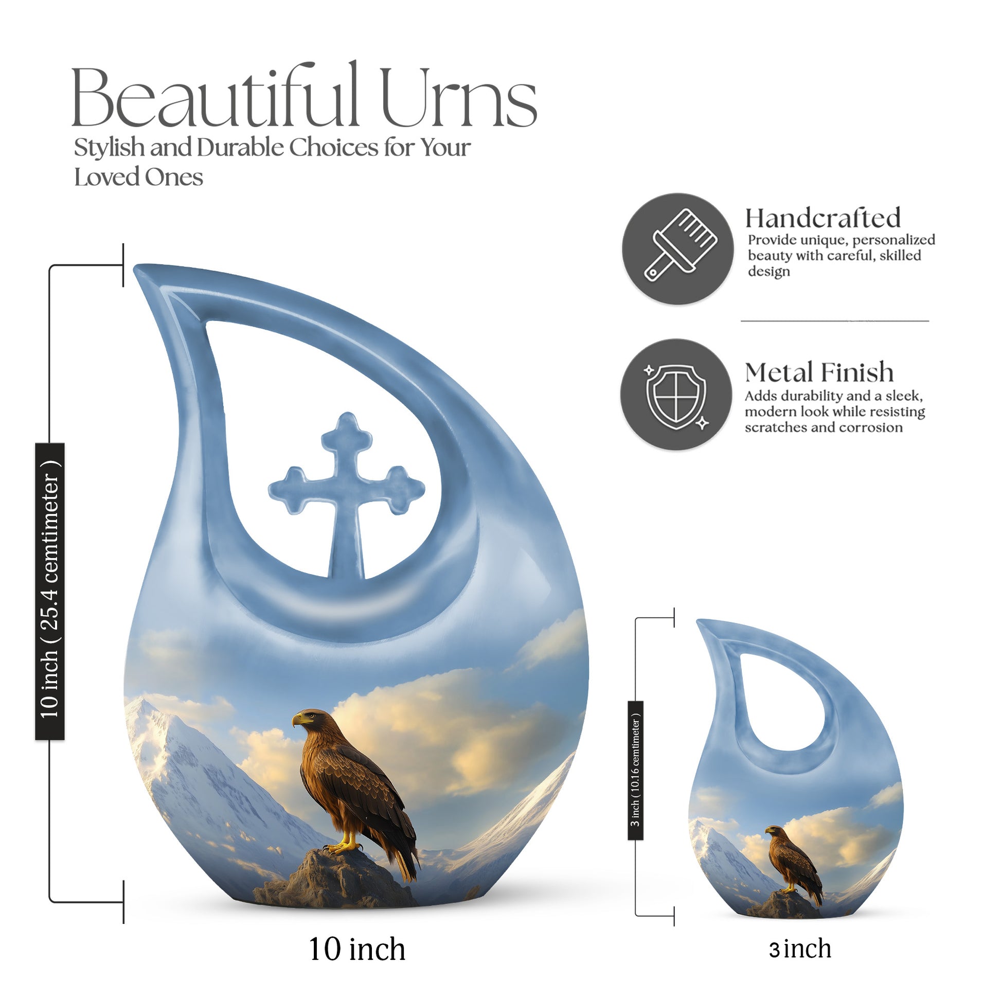 Royal Blue Eagle Cremation Urn back view with polished surface - devotional cross-drop eagle engraving - mini keepsake memorial for portion of cremation ashes