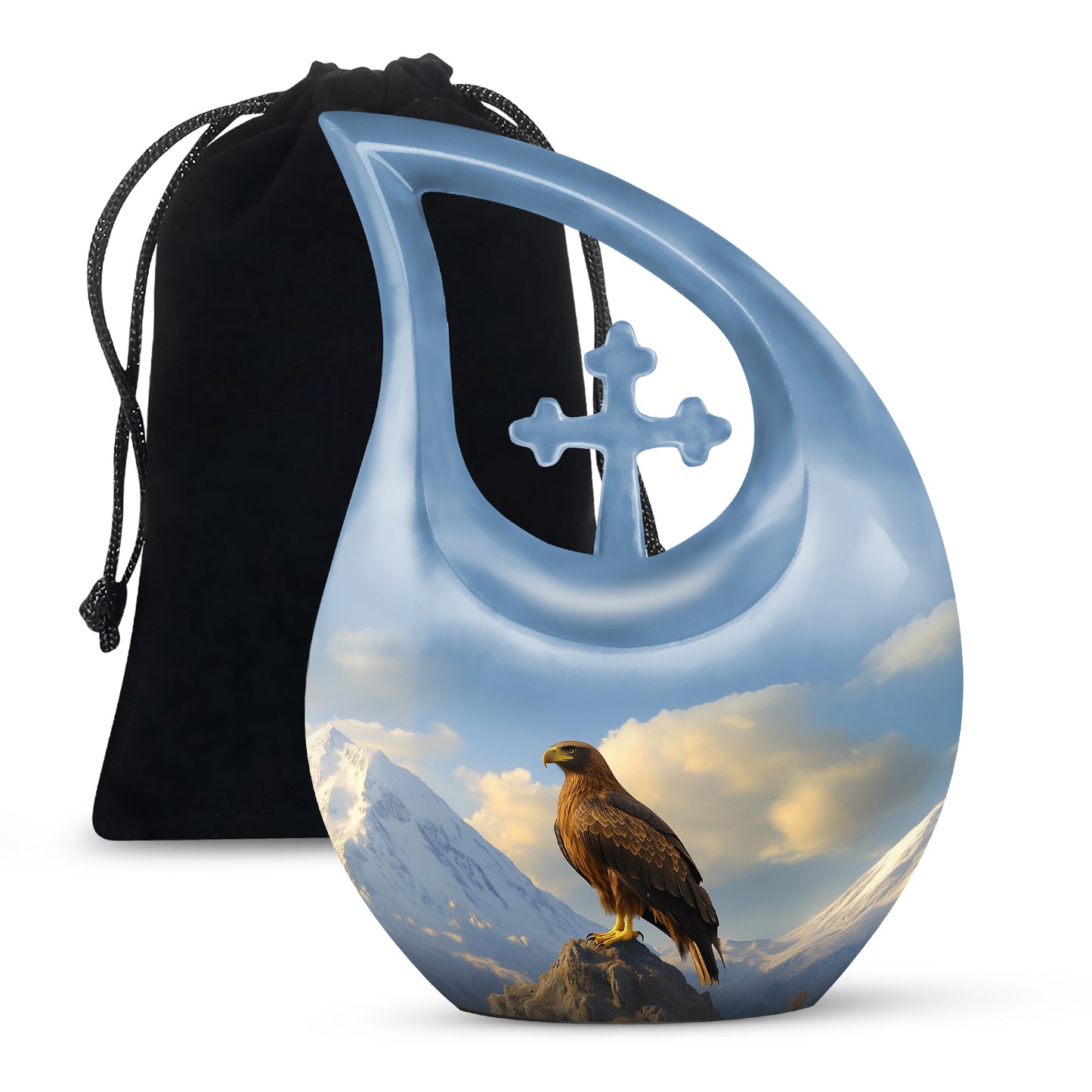 Serene Blue Eagle Cremation Urn top-down view of secure threaded lid - faith-inspired cross-drop urn with eagle pattern - full-size 10 inch 200 cubic inch adult cremation urn