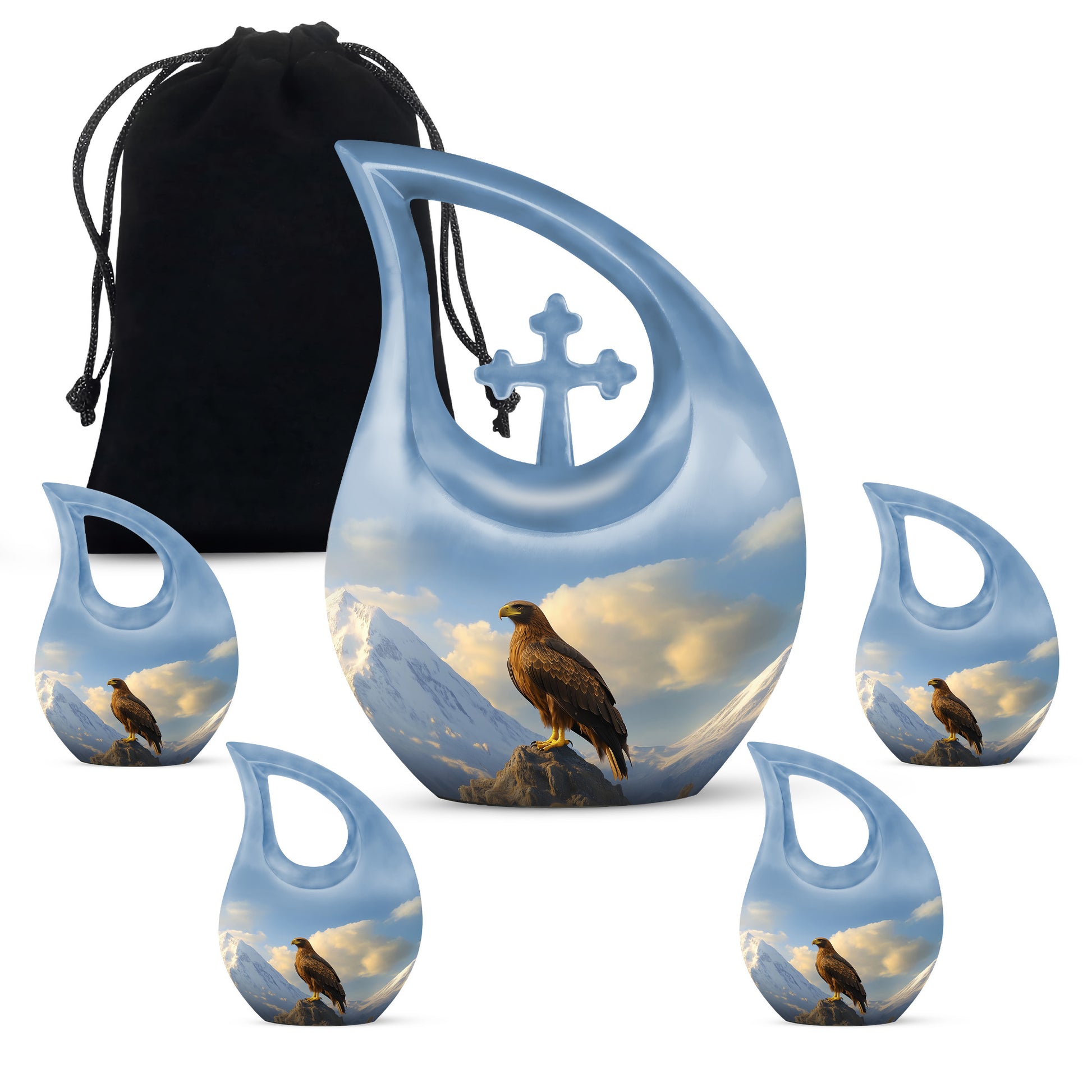 Misty Blue Eagle Cremation Urn urn with complimentary velvet bag - cross and eagle combined in spiritual memorial design - memorial set with one large and four small urns