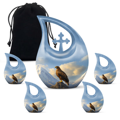 Misty Blue Eagle Cremation Urn urn with complimentary velvet bag - cross and eagle combined in spiritual memorial design - memorial set with one large and four small urns