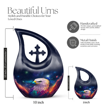 Bright Blue Eagle Cremation Urn back view with polished surface - devotional cross-drop eagle engraving - mini keepsake memorial for portion of cremation ashes