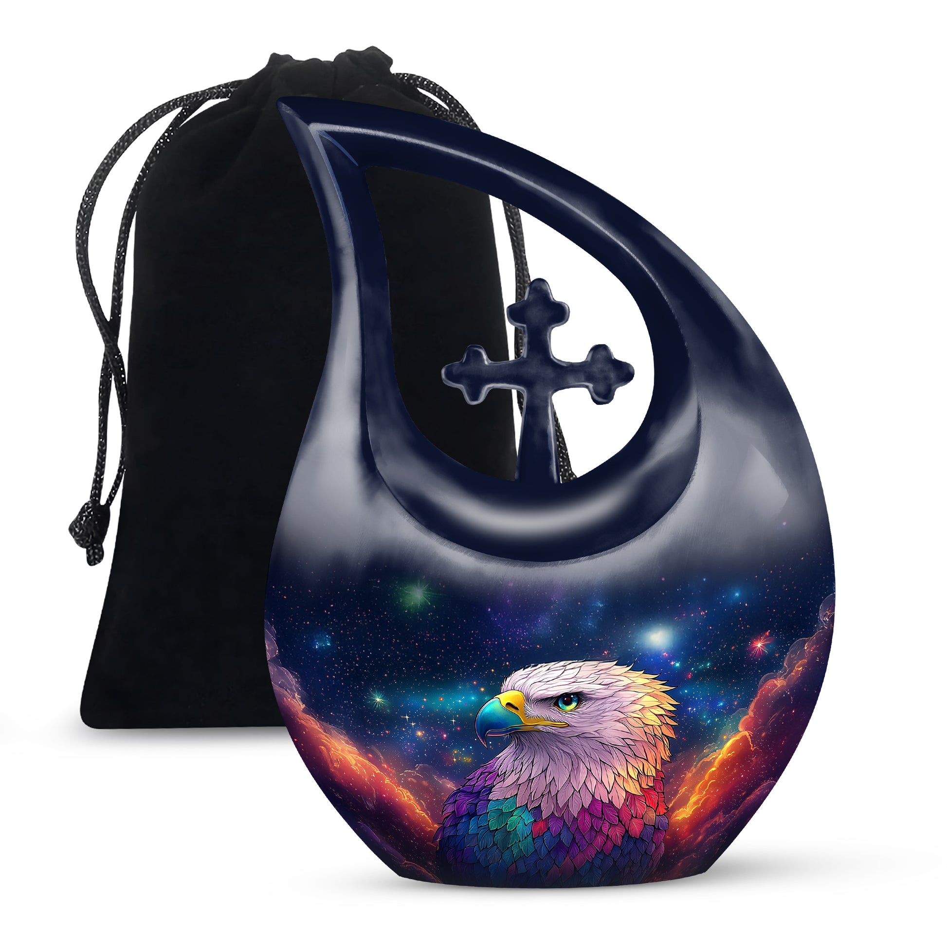 Icy Blue Eagle Cremation Urn top-down view of secure threaded lid - cross and eagle combined in spiritual memorial design - full-size 10 inch 200 cubic inch adult cremation urn