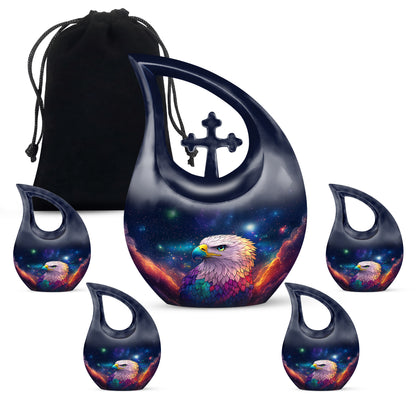 Soft Blue Eagle Cremation Urn urn with complimentary velvet bag - devotional cross-drop eagle engraving - memorial set with one large and four small urns