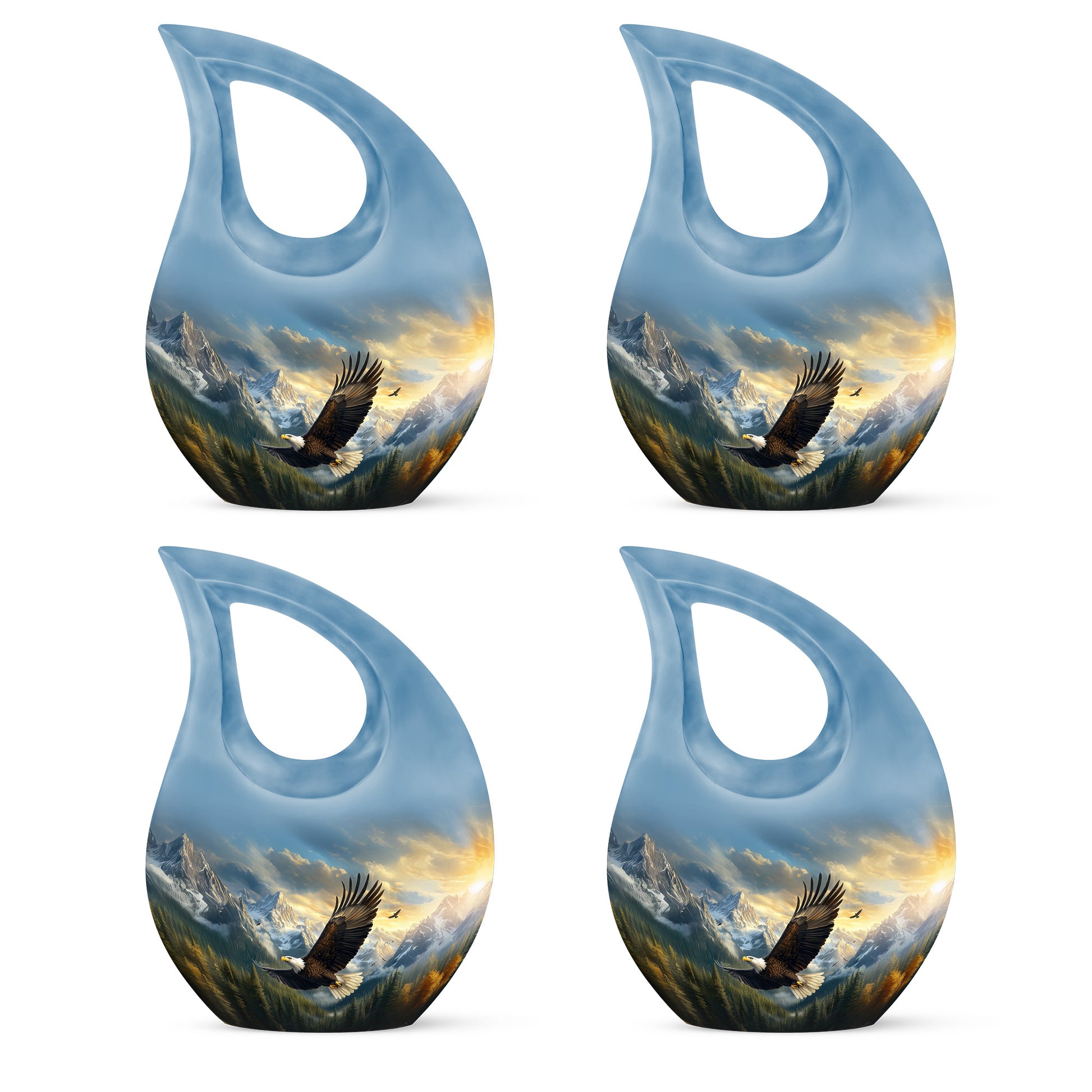 Icy Blue Eagle Cremation Urn lifestyle display on memorial shelf - sacred cross merged with eagle motif on metal - 10 inch aluminum urn for cremated remains