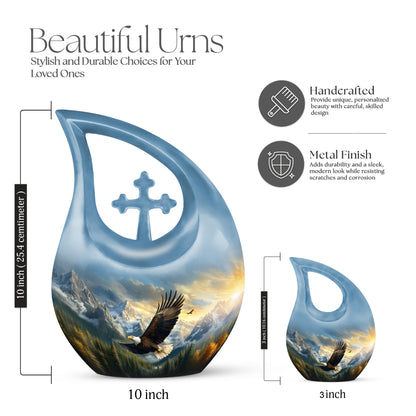 Cornflower Blue Eagle Cremation Urn back view with polished surface - faith-inspired cross-drop urn with eagle pattern - mini keepsake memorial for portion of cremation ashes
