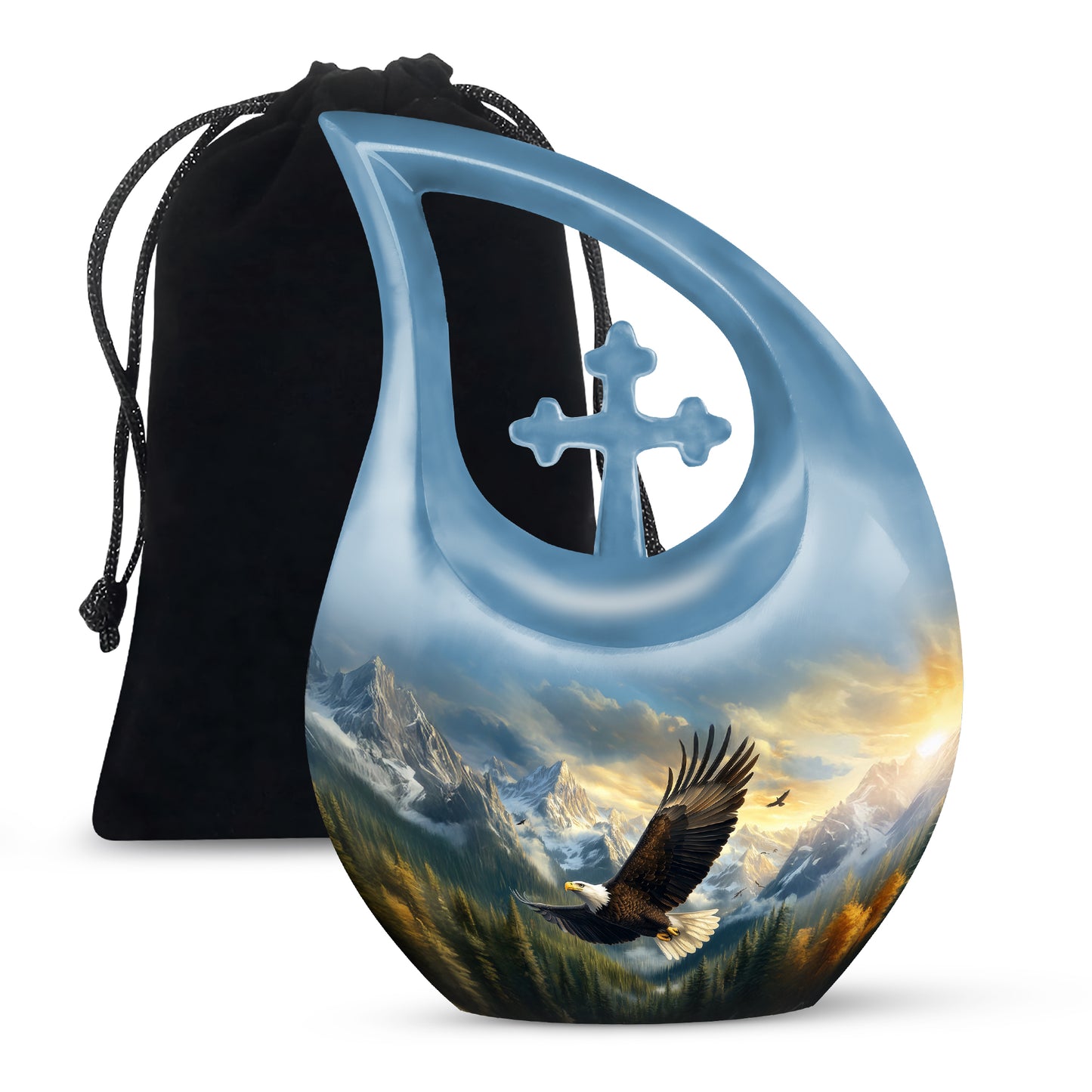 Serene Blue Eagle Cremation Urn top-down view of secure threaded lid - devotional cross-drop eagle engraving - full-size 10 inch 200 cubic inch adult cremation urn