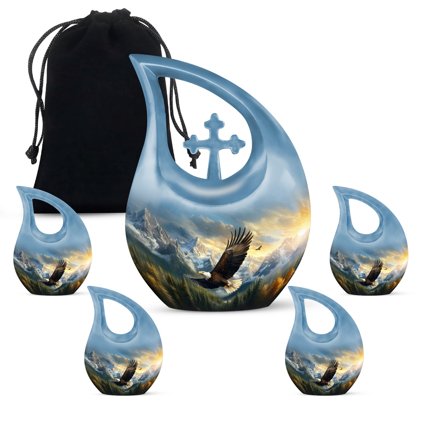 Cornflower Blue Eagle Cremation Urn urn with complimentary velvet bag - faith-inspired cross-drop urn with eagle pattern - memorial set with one large and four small urns