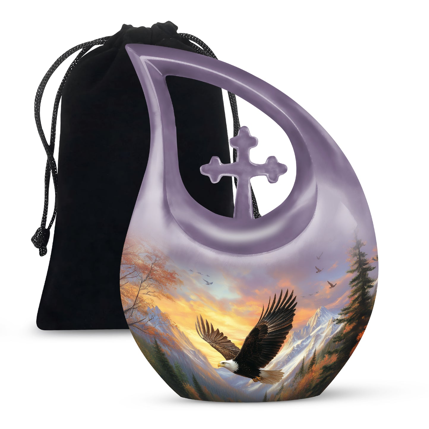 Salmon Pink Eagle Cremation Urn top-down view of secure threaded lid - devotional cross-drop eagle engraving - full-size 10 inch 200 cubic inch adult cremation urn