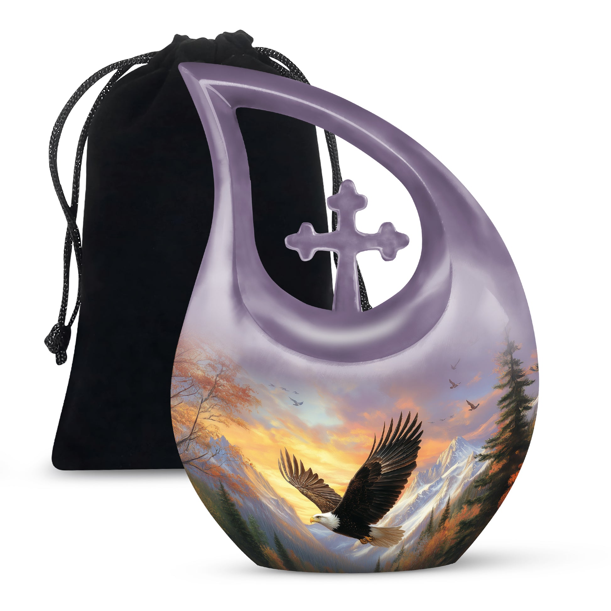Salmon Pink Eagle Cremation Urn top-down view of secure threaded lid - devotional cross-drop eagle engraving - full-size 10 inch 200 cubic inch adult cremation urn
