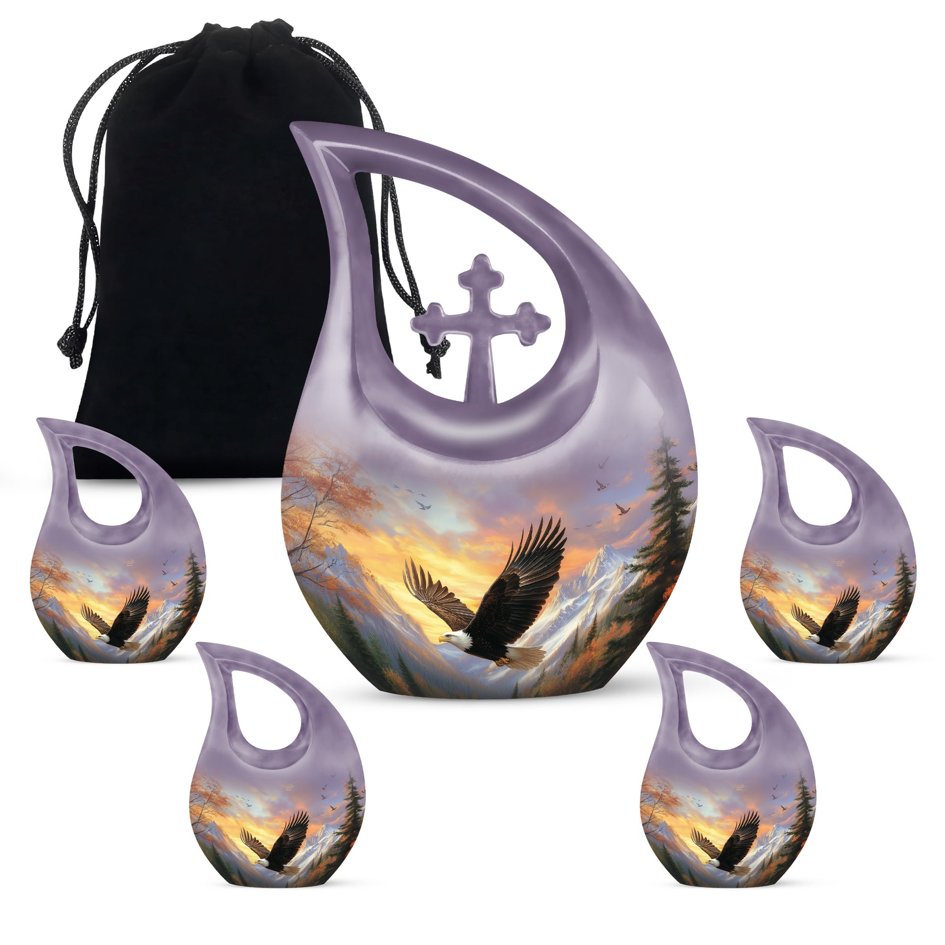 Dusty Pink Eagle Cremation Urn urn with complimentary velvet bag - devotional cross-drop eagle engraving - memorial set with one large and four small urns