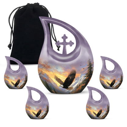 Dusty Pink Eagle Cremation Urn urn with complimentary velvet bag - devotional cross-drop eagle engraving - memorial set with one large and four small urns