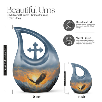 Cornflower Blue Eagle Cremation Urn back view with polished surface - faith-inspired cross-drop urn with eagle pattern - mini keepsake memorial for portion of cremation ashes
