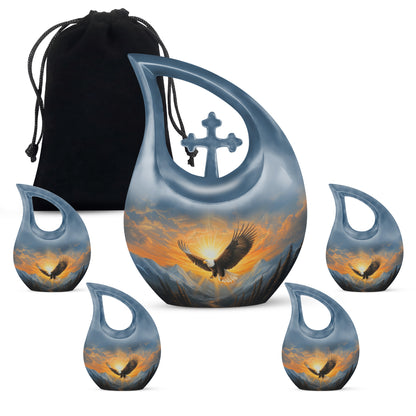Azure Eagle Cremation Urn urn with complimentary velvet bag - sacred cross merged with eagle motif on metal - memorial set with one large and four small urns