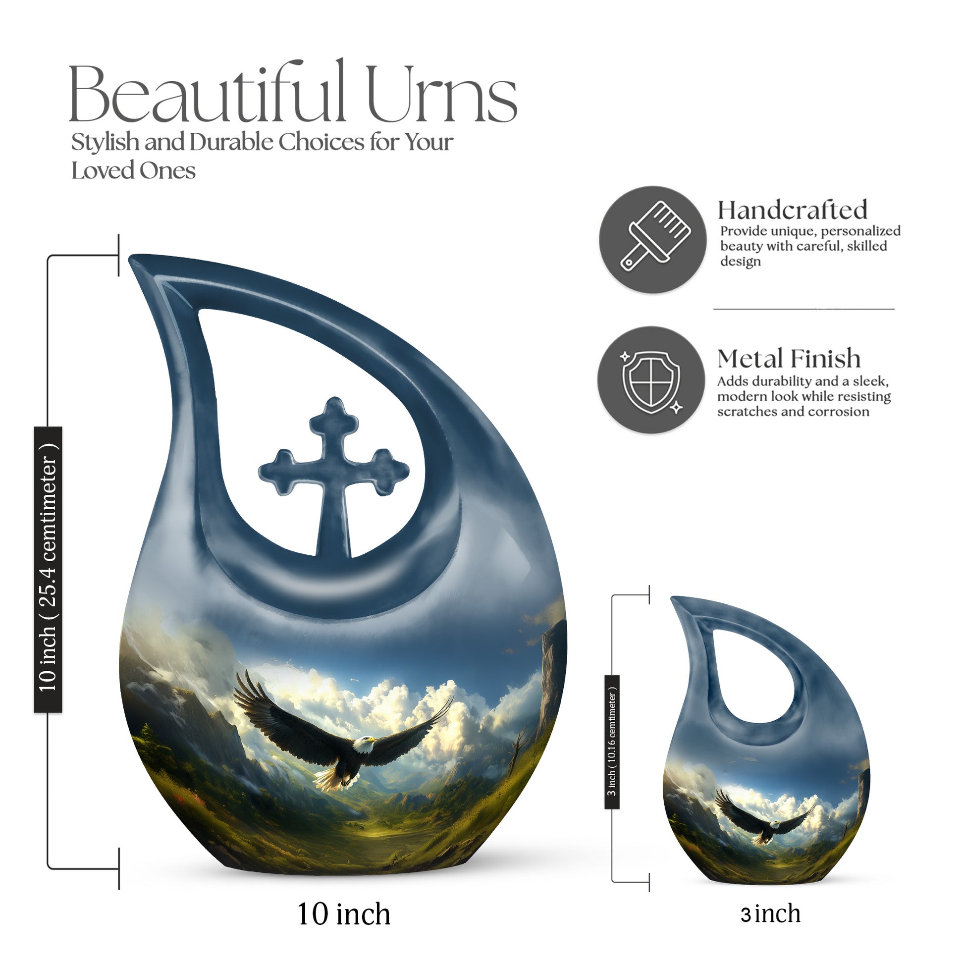 Serene Blue Eagle Cremation Urn back view with polished surface - devotional cross-drop eagle engraving - mini keepsake memorial for portion of cremation ashes