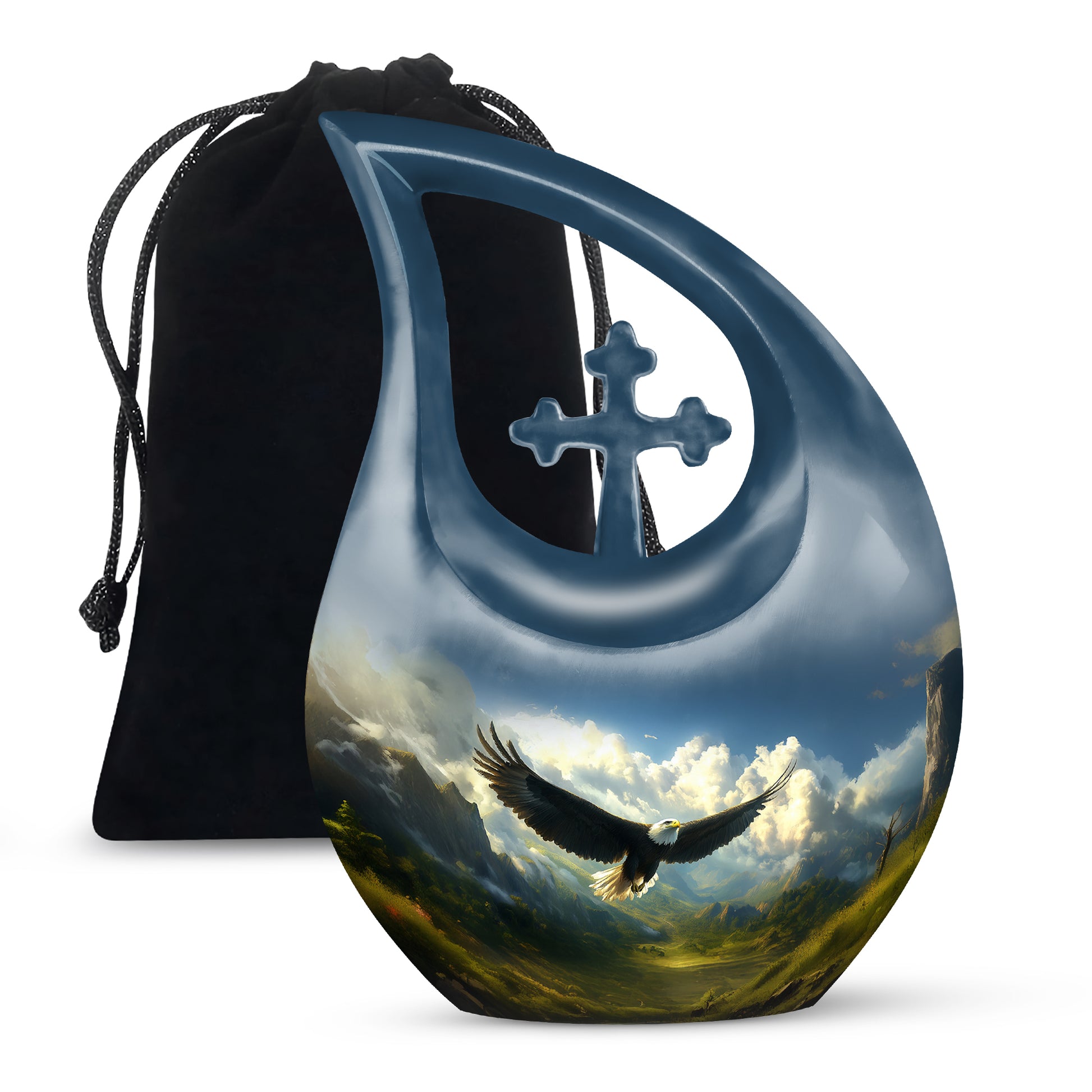 Misty Blue Eagle Cremation Urn top-down view of secure threaded lid - cross and eagle combined in spiritual memorial design - full-size 10 inch 200 cubic inch adult cremation urn