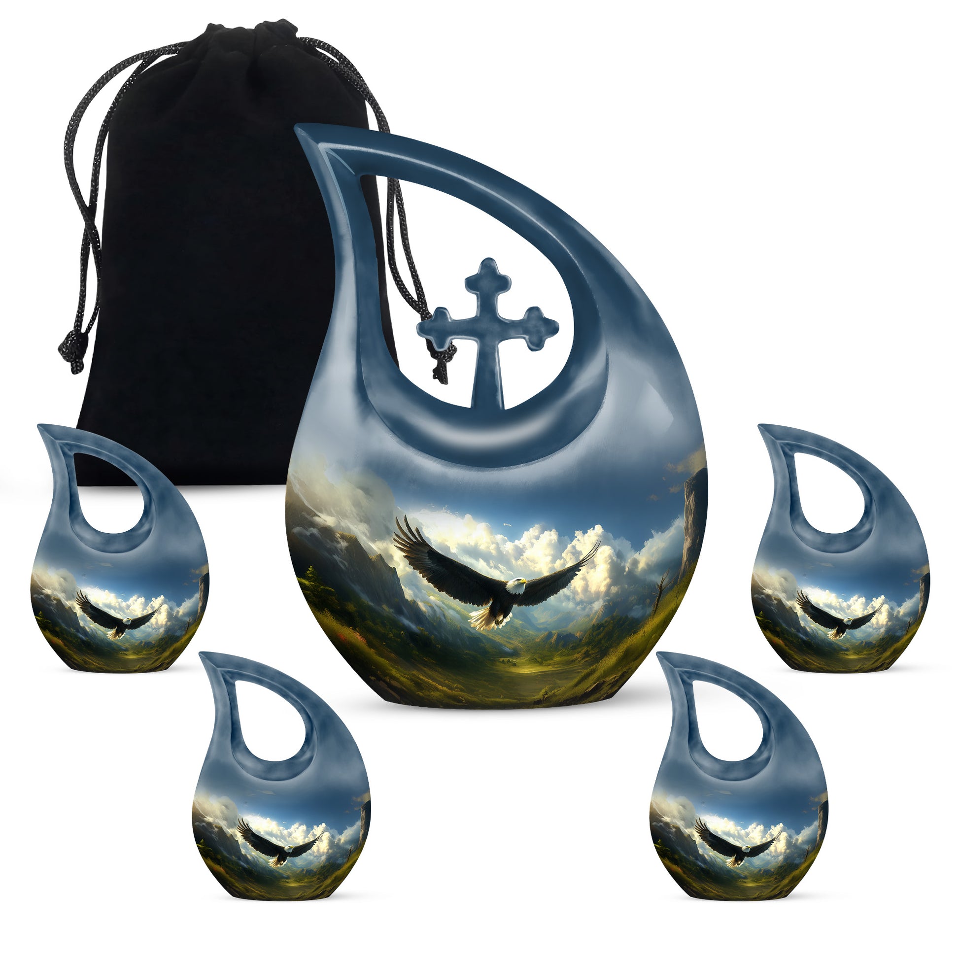 Slate Blue Eagle Cremation Urn urn with complimentary velvet bag - sacred cross merged with eagle motif on metal - memorial set with one large and four small urns