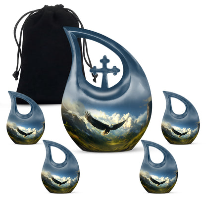 Slate Blue Eagle Cremation Urn urn with complimentary velvet bag - sacred cross merged with eagle motif on metal - memorial set with one large and four small urns
