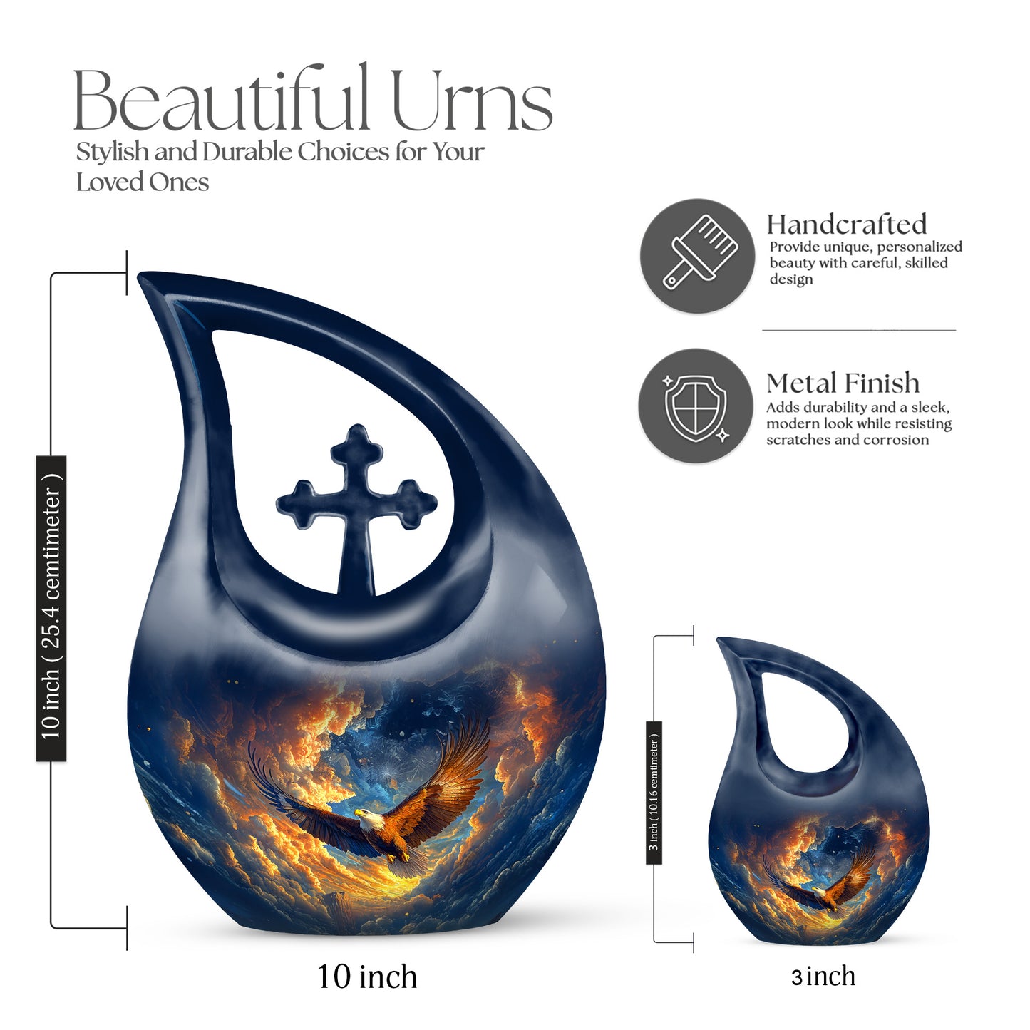 Azure Eagle Cremation Urn back view with polished surface - cross and eagle combined in spiritual memorial design - mini keepsake memorial for portion of cremation ashes