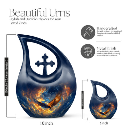 Azure Eagle Cremation Urn back view with polished surface - cross and eagle combined in spiritual memorial design - mini keepsake memorial for portion of cremation ashes