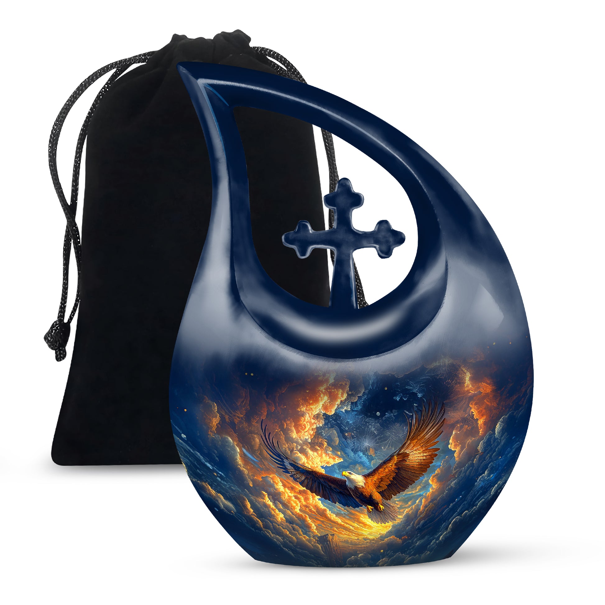 Sapphire Blue Eagle Cremation Urn top-down view of secure threaded lid - faith-inspired cross-drop urn with eagle pattern - full-size 10 inch 200 cubic inch adult cremation urn