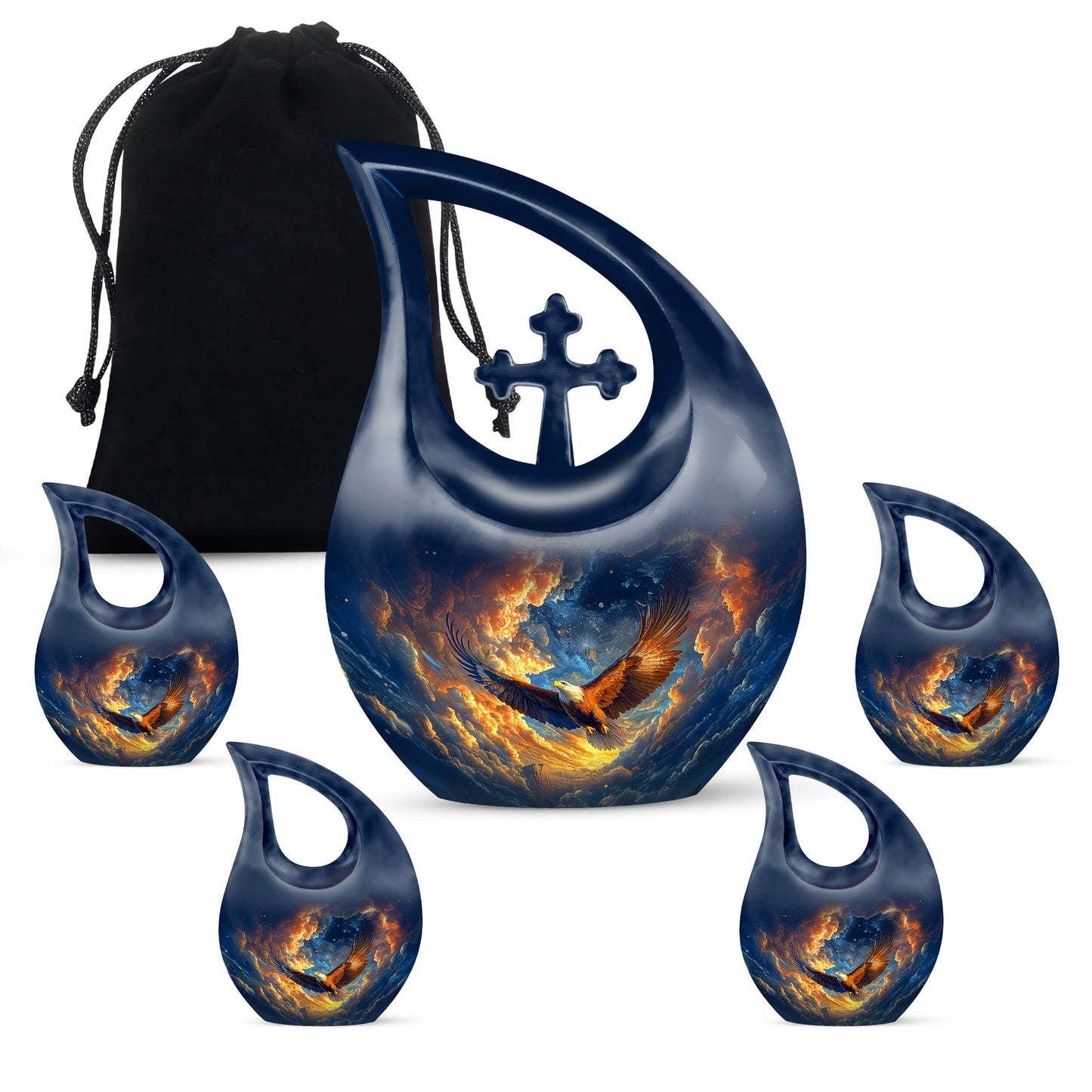 Royal Blue Eagle Cremation Urn urn with complimentary velvet bag - faith-inspired cross-drop urn with eagle pattern - memorial set with one large and four small urns