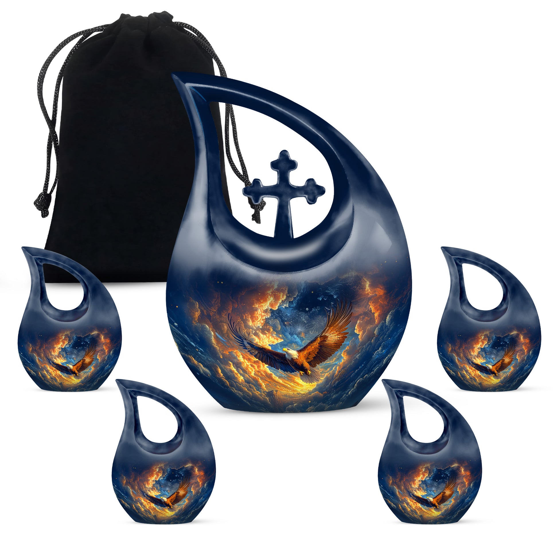Royal Blue Eagle Cremation Urn urn with complimentary velvet bag - faith-inspired cross-drop urn with eagle pattern - memorial set with one large and four small urns